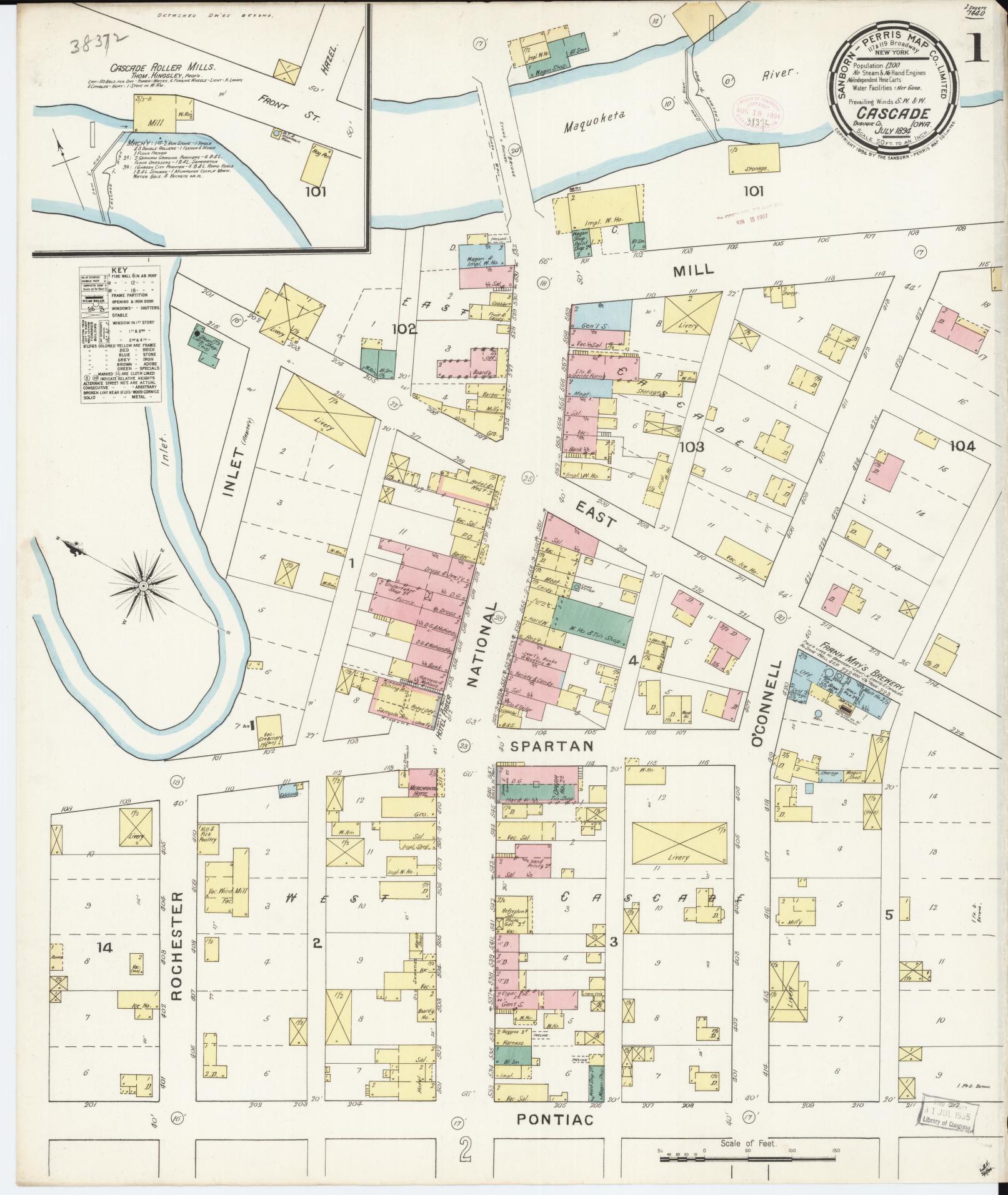 Sanborn Fire Insurance Map from Cascade, Dubuque and Jones Counties, Iowa (1894), Sheet #0001 - Historic Sanborn Fire Insurance Map Print, vintage old map wall art