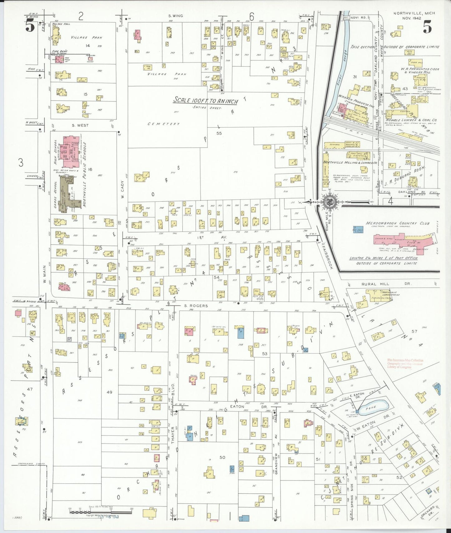 Sanborn Fire Insurance Map from Northville, Wayne County, Michigan (1942), Sheet #0005 - Complete Map Set gallery image, historic Sanborn map, vintage wall art, Michigan Michigan