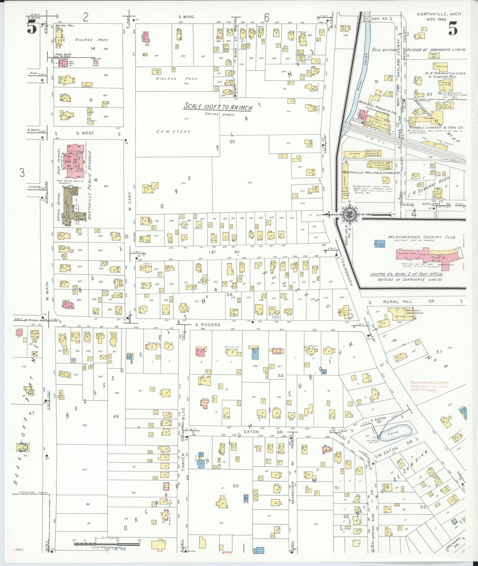 Sanborn Fire Insurance Map from Northville, Wayne County, Michigan (1942), Sheet #0005 - Complete Map Set gallery image, historic Sanborn map, vintage wall art, Michigan Michigan