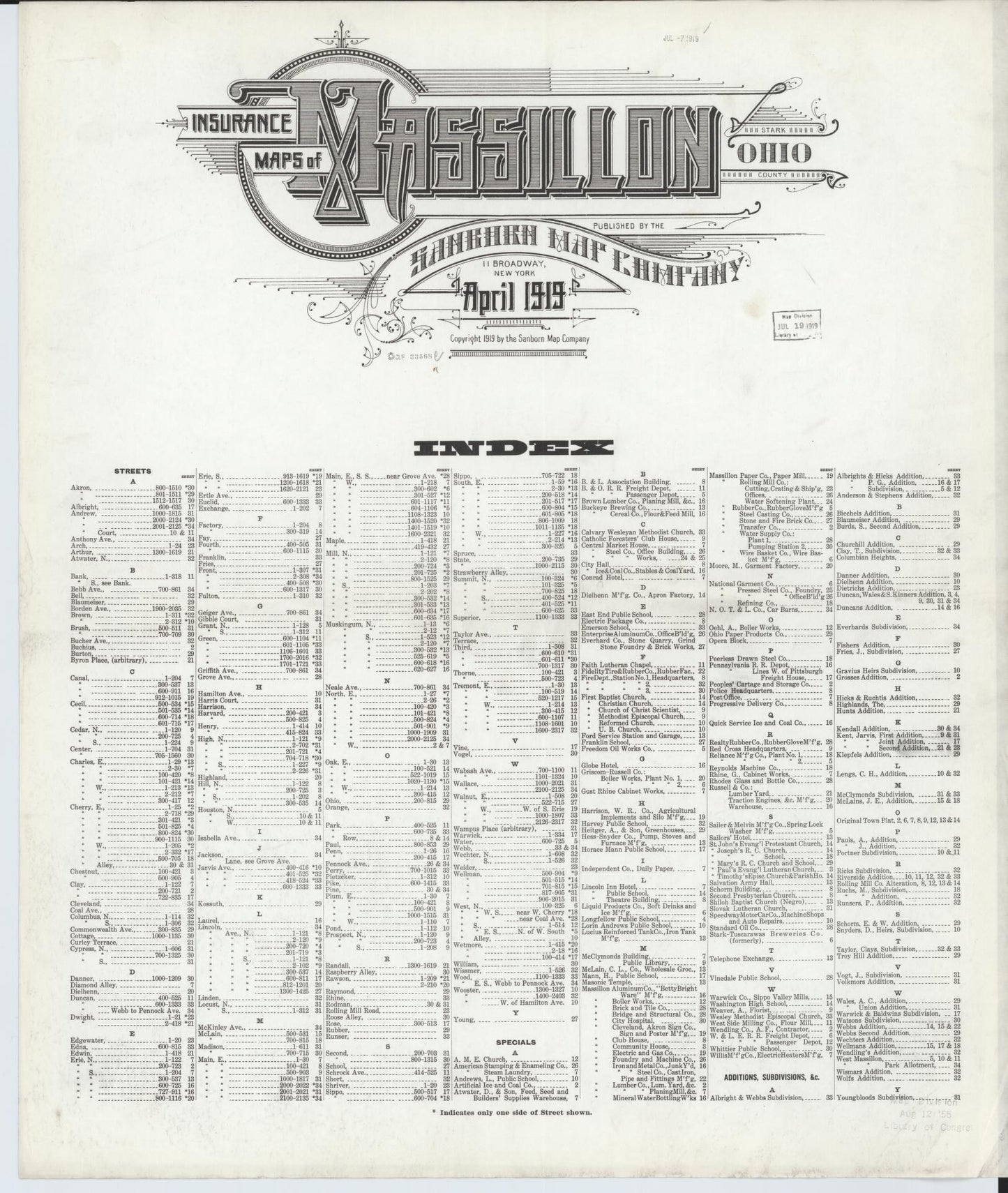 Sanborn Fire Insurance Map from Massillon, Stark County, Ohio (1919), Sheet #0001 - Historic Sanborn Fire Insurance Map Print, vintage old map wall art, antique decor, genealogy gift, Ohio Ohio map