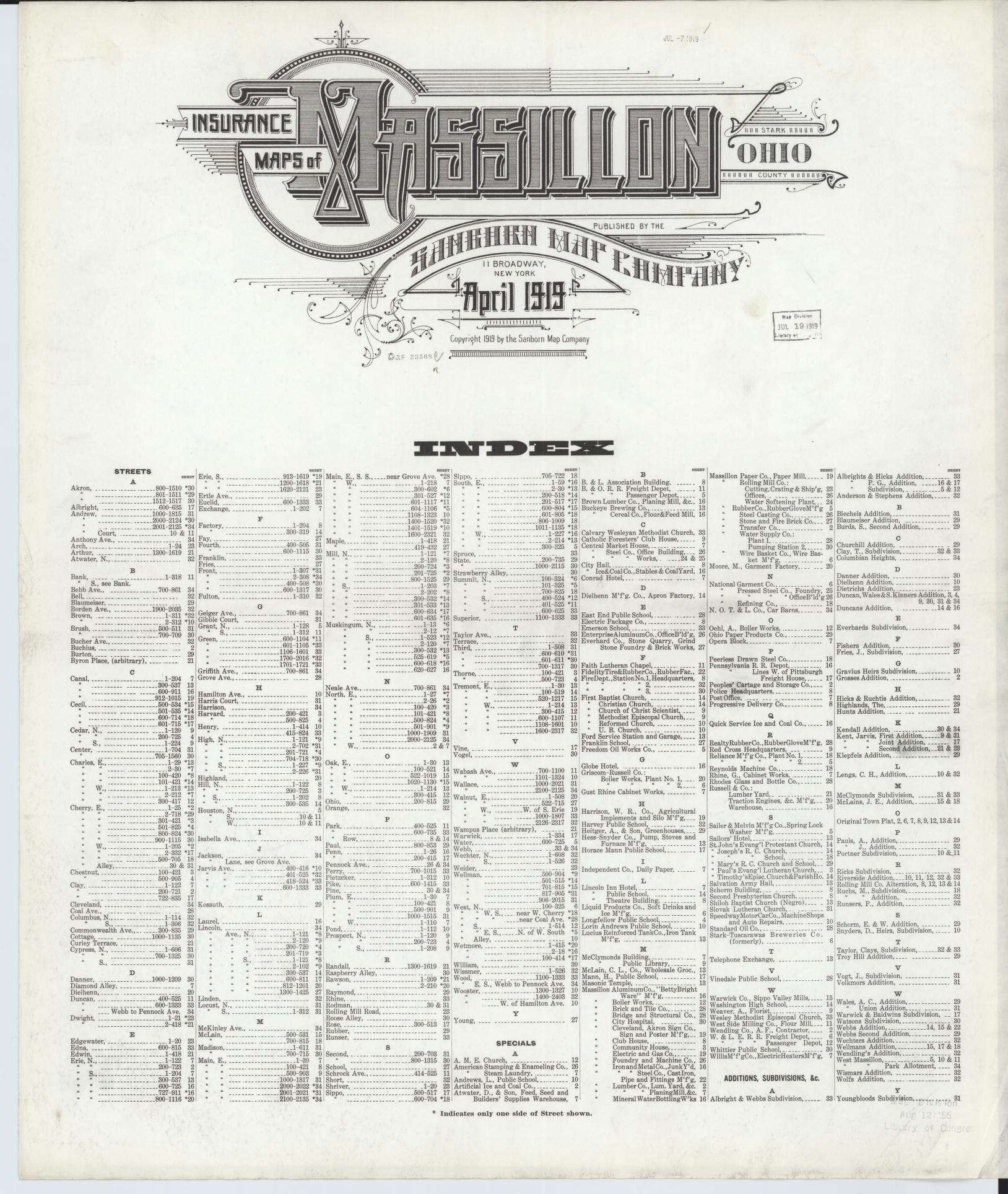 Sanborn Fire Insurance Map from Massillon, Stark County, Ohio (1919), Sheet #0001 - Historic Sanborn Fire Insurance Map Print, vintage old map wall art, antique decor, genealogy gift, Ohio Ohio map