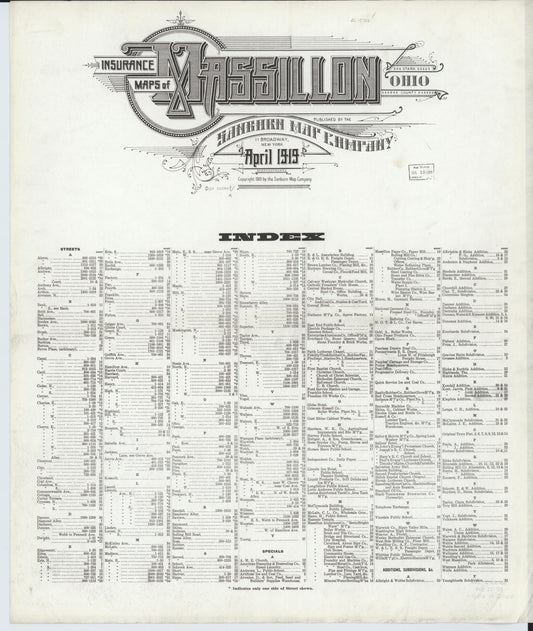 Sanborn Fire Insurance Map from Massillon, Stark County, Ohio (1919), Sheet #0001 - Historic Sanborn Fire Insurance Map Print, vintage old map wall art, antique decor, genealogy gift, Ohio Ohio map