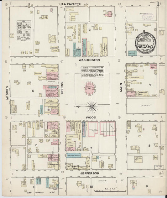 Sanborn Fire Insurance Map from Neosho, Newton County, Missouri (1884), Sheet #0001 - Historic Sanborn Fire Insurance Map Print, vintage old map wall art, antique decor, genealogy gift, Missouri Missouri map