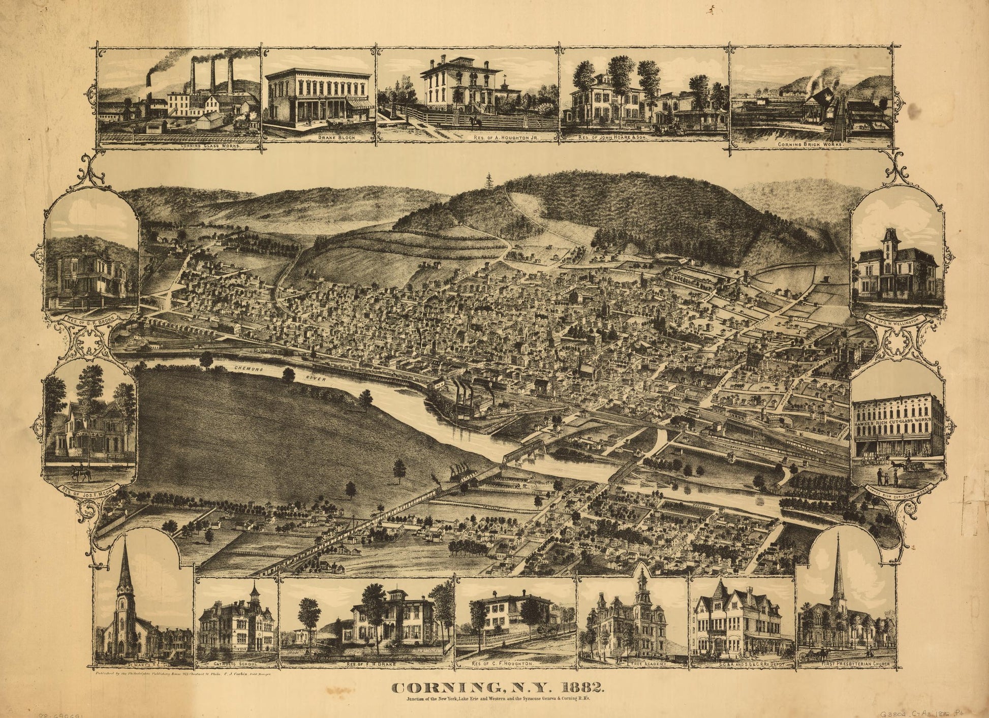Corning, N.Y., 1882 : junction of the New York, Lake Erie, and Western and the Syracuse, Geneva & Corning R.R.'s (1882) – Historic Bird’s-Eye View Panorama Print