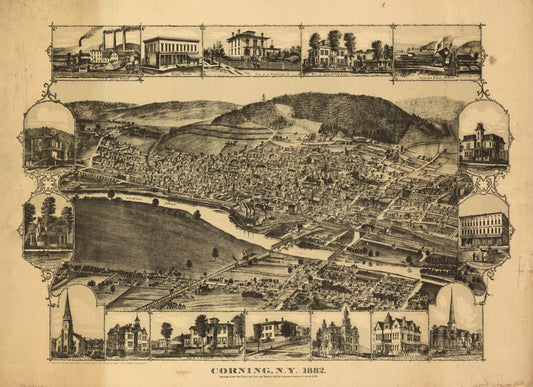Corning, N.Y., 1882 : junction of the New York, Lake Erie, and Western and the Syracuse, Geneva & Corning R.R.'s (1882) – Historic Bird’s-Eye View Panorama Print