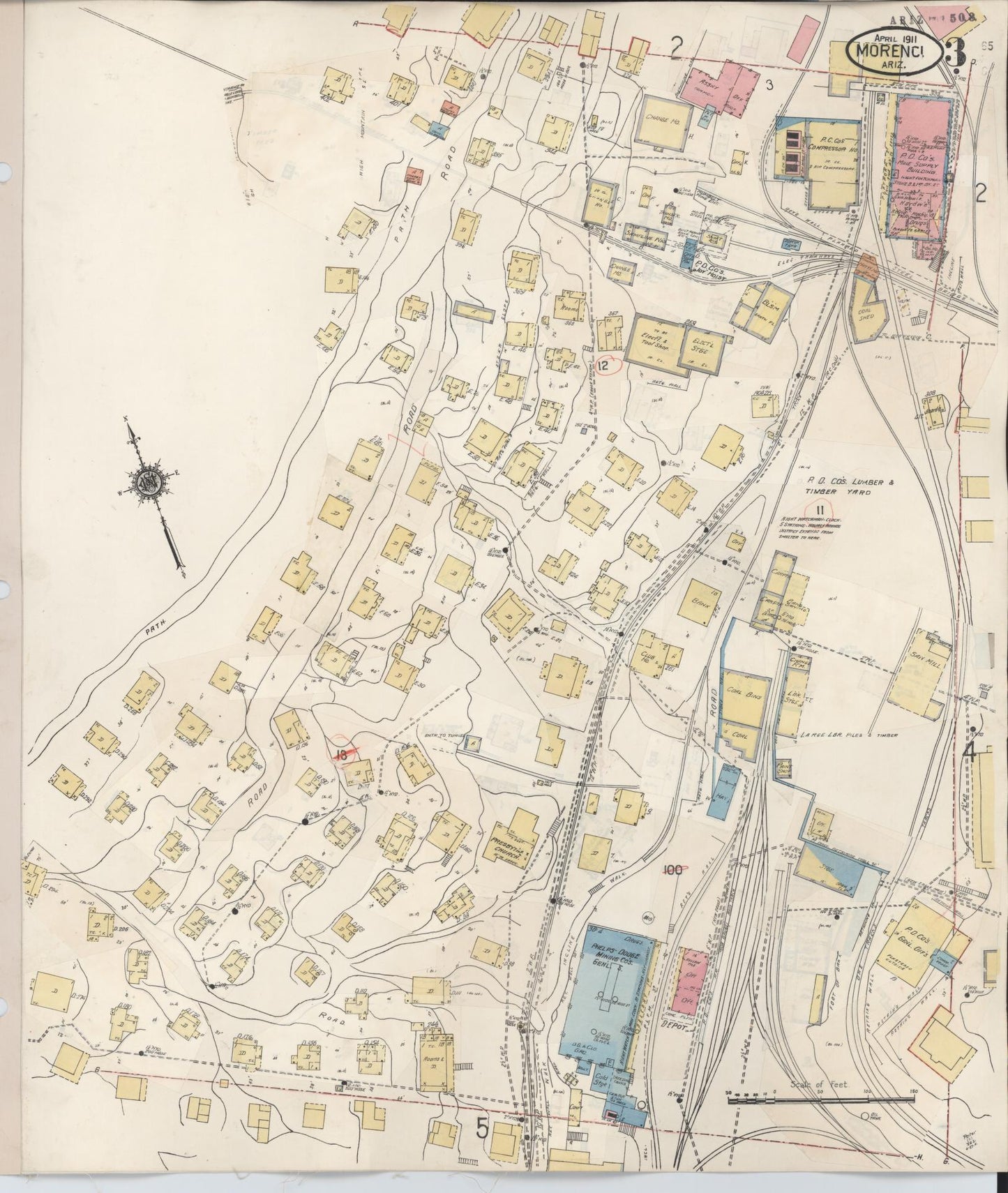 Sanborn Fire Insurance Map from Morenci, Greenlee County, Arizona (1931), Sheet #0003 - Historic Sanborn Fire Insurance Map Print, vintage old map wall art, antique decor, genealogy gift, Arizona Arizona map