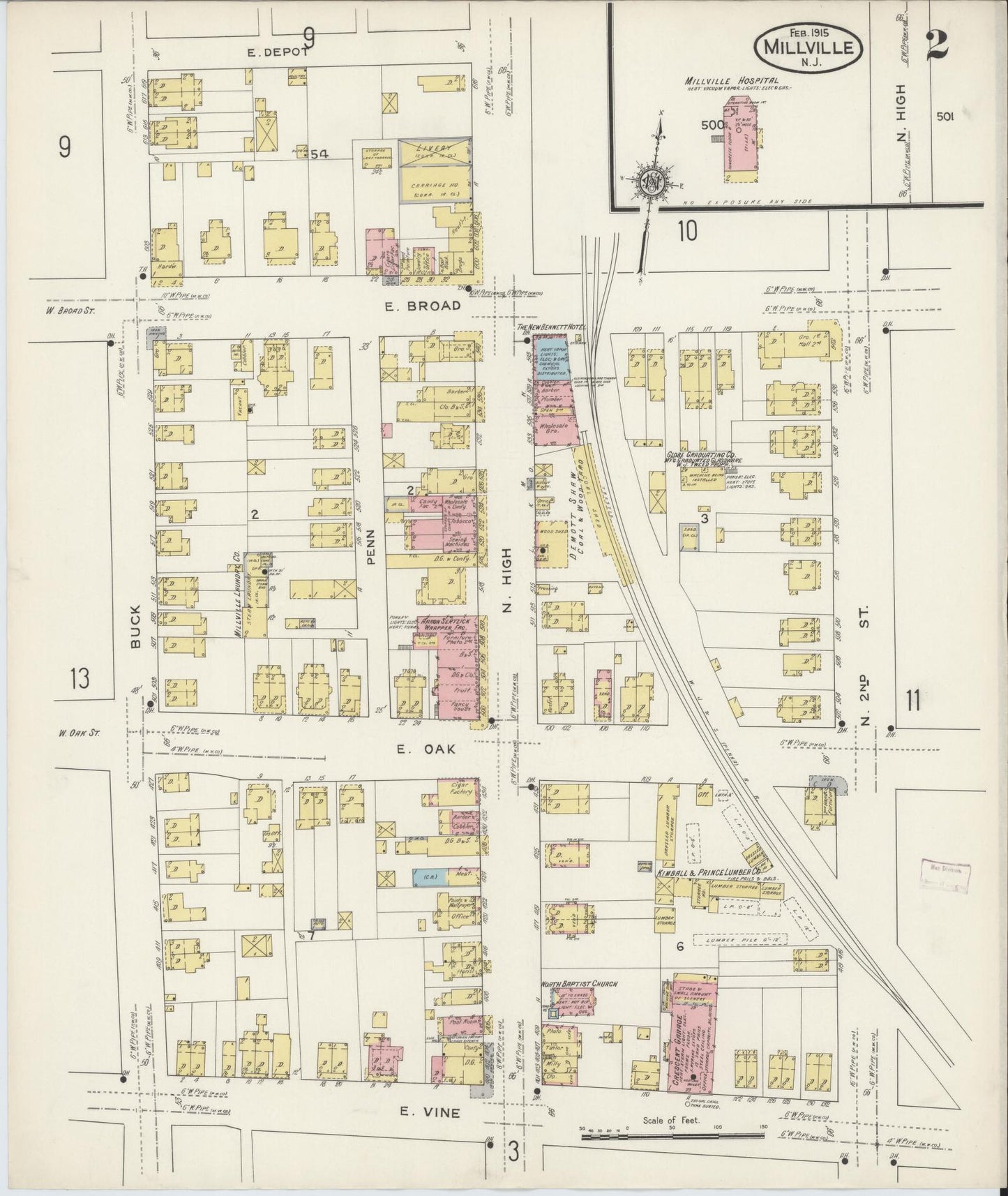 Sanborn Fire Insurance Map from Millville, Cumberland County, New Jersey (1915), Sheet #0002 - Historic Sanborn Fire Insurance Map Print, vintage old map wall art, antique decor, genealogy gift, New Jersey New Jersey map