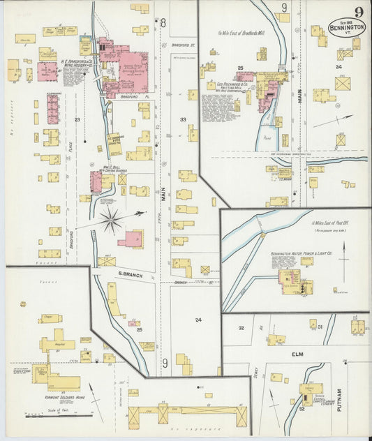 Sanborn Fire Insurance Map from Bennington, Bennington County, Vermont (1901), Sheet #0009 - Historic Sanborn Fire Insurance Map Print, vintage old map wall art, antique decor, genealogy gift, Vermont Vermont map