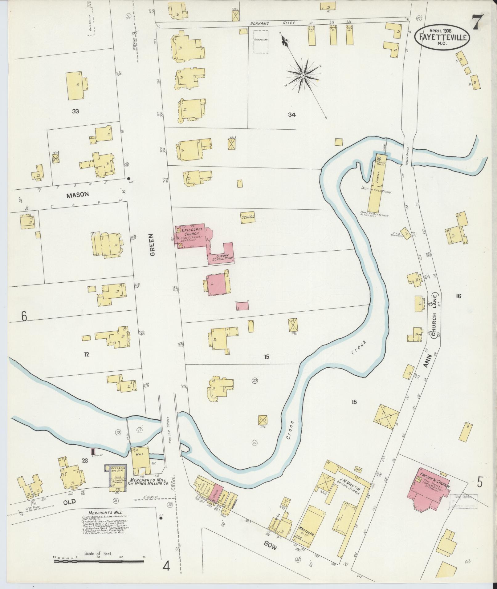 Sanborn Fire Insurance Map from Fayetteville, Cumberland County, North Carolina (1908), Sheet #0007 - Historic Sanborn Fire Insurance Map Print, vintage old map wall art, antique decor, genealogy gift, North Carolina North Carolina map