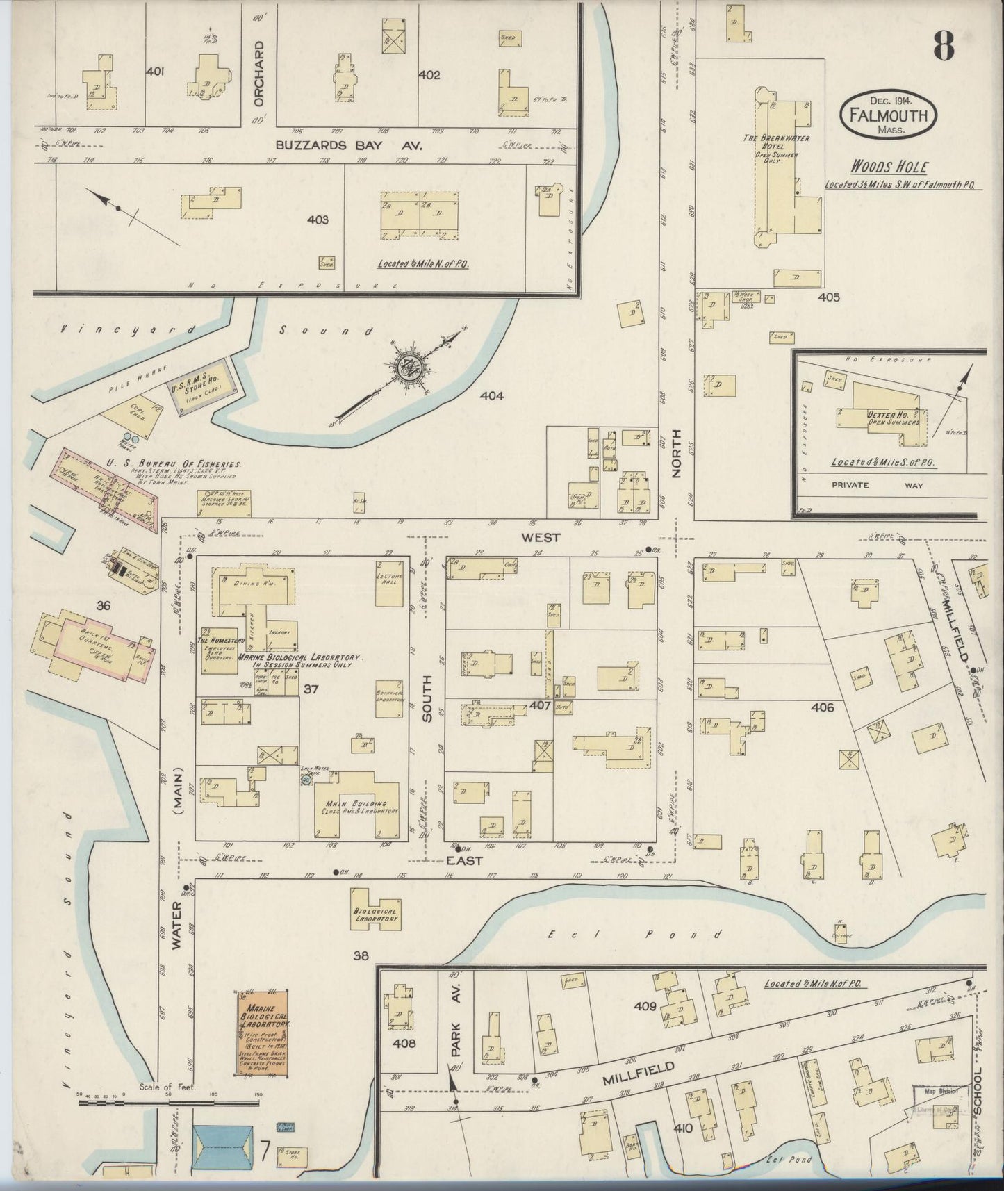 Sanborn Fire Insurance Map from Falmouth, Barnstable County, Massachusetts (1914), Sheet #0008 - Historic Sanborn Fire Insurance Map Print, vintage old map wall art, antique decor, genealogy gift, Massachusetts Massachusetts map