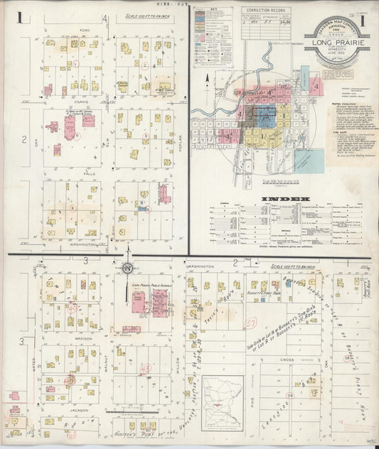 Sanborn Fire Insurance Map from Long Prairie, Todd County, Minnesota (1945), Sheet #0001 - Historic Sanborn Fire Insurance Map Print, vintage old map wall art, antique decor, genealogy gift, Minnesota Minnesota map