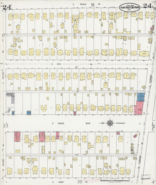Sanborn Fire Insurance Map from Huntington Park, Los Angeles County, California (1924), Sheet #0024 - Historic Sanborn Fire Insurance Map Print, vintage old map wall art, antique decor, genealogy gift, California California map