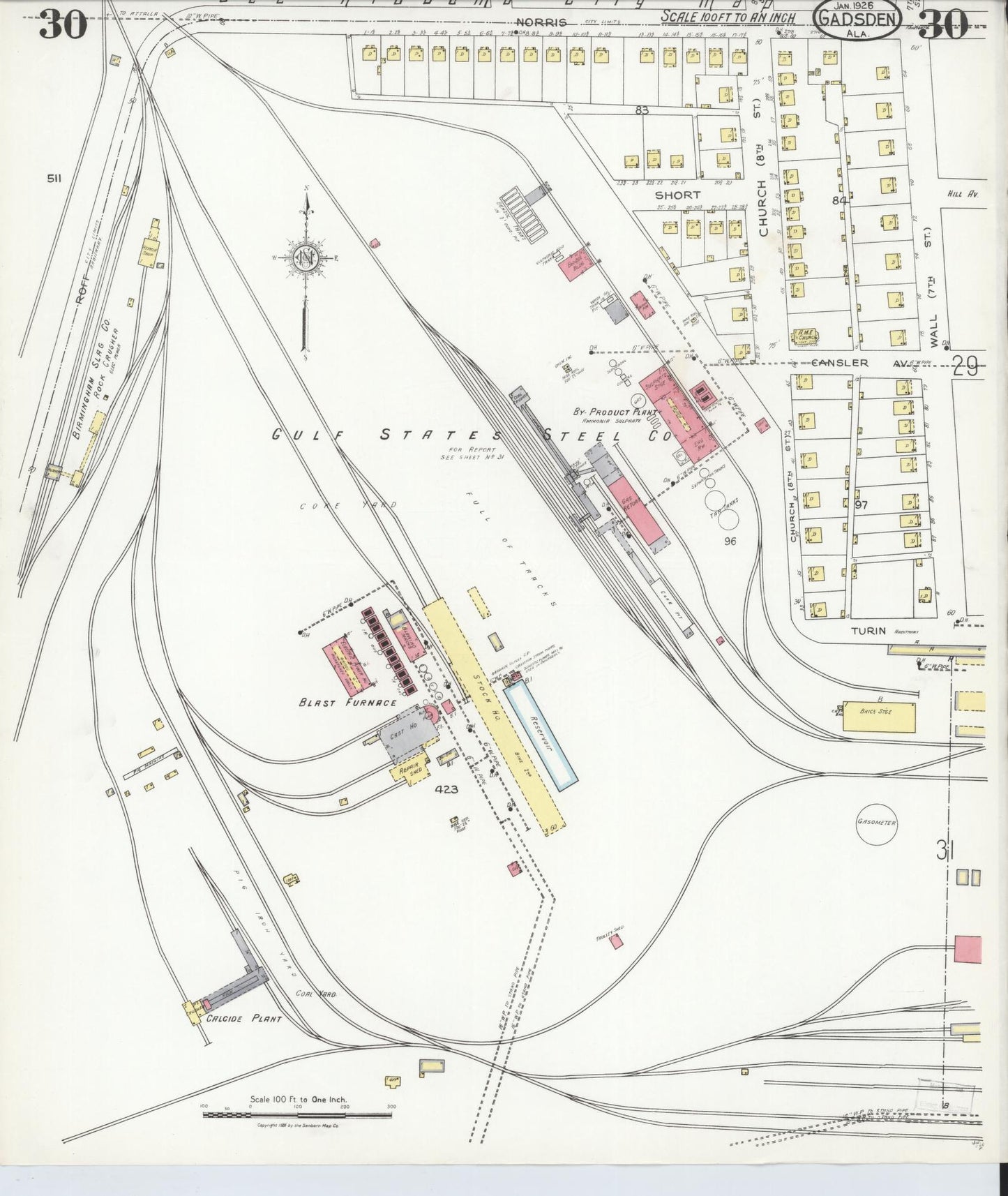 Sanborn Fire Insurance Map from Gadsden, Etowah County, Alabama (1926), Sheet #0030 - Complete Map Set gallery image, historic Sanborn map, vintage wall art, Alabama Alabama