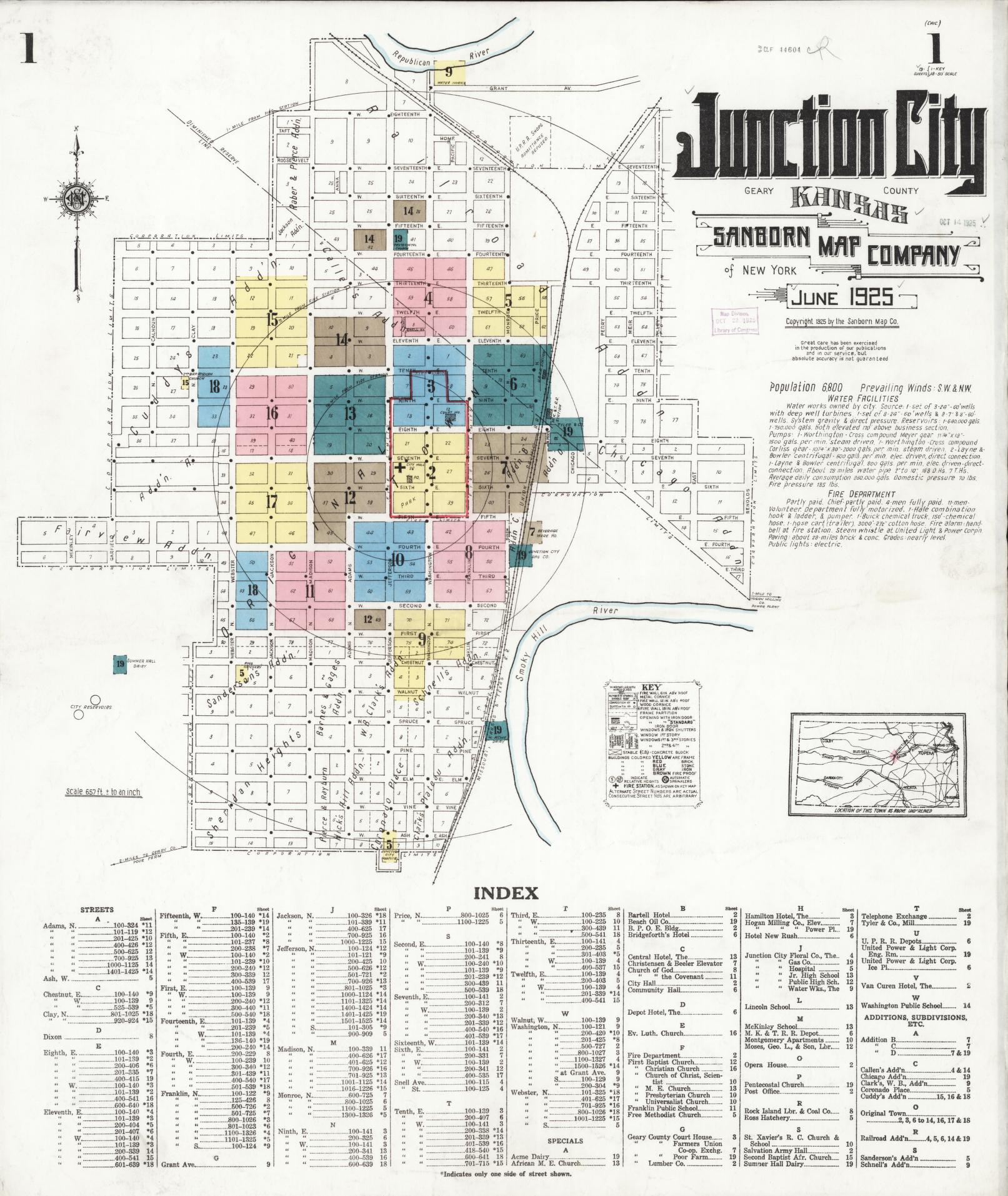 Sanborn Fire Insurance Map from Junction City, Geary County, Kansas (1925), Sheet #0001 - Historic Sanborn Fire Insurance Map Print, vintage old map wall art, antique decor, genealogy gift, Kansas Kansas map