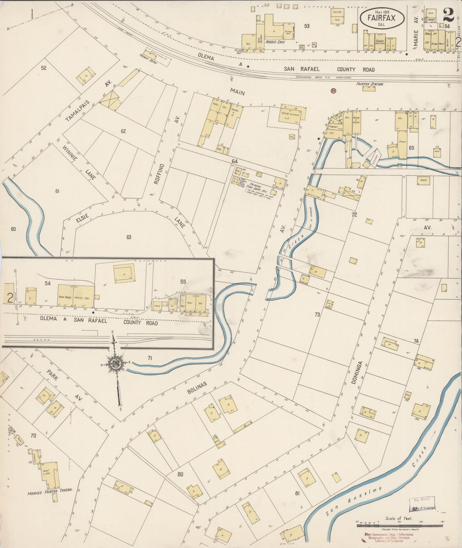 Sanborn Fire Insurance Map from Fairfax, Marin County, California (1919), Sheet #0002 - Historic Sanborn Fire Insurance Map Print, vintage old map wall art, antique decor, genealogy gift, California California map