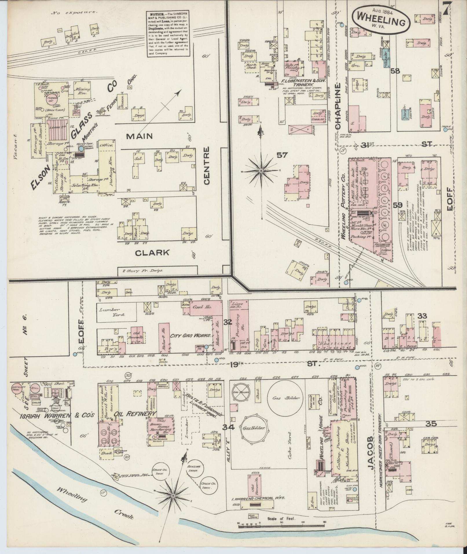 Sanborn Fire Insurance Map from Wheeling, Ohio County, West Virginia (1884), Sheet #0007 - Historic Sanborn Fire Insurance Map Print, vintage old map wall art, antique decor, genealogy gift, West Virginia West Virginia map