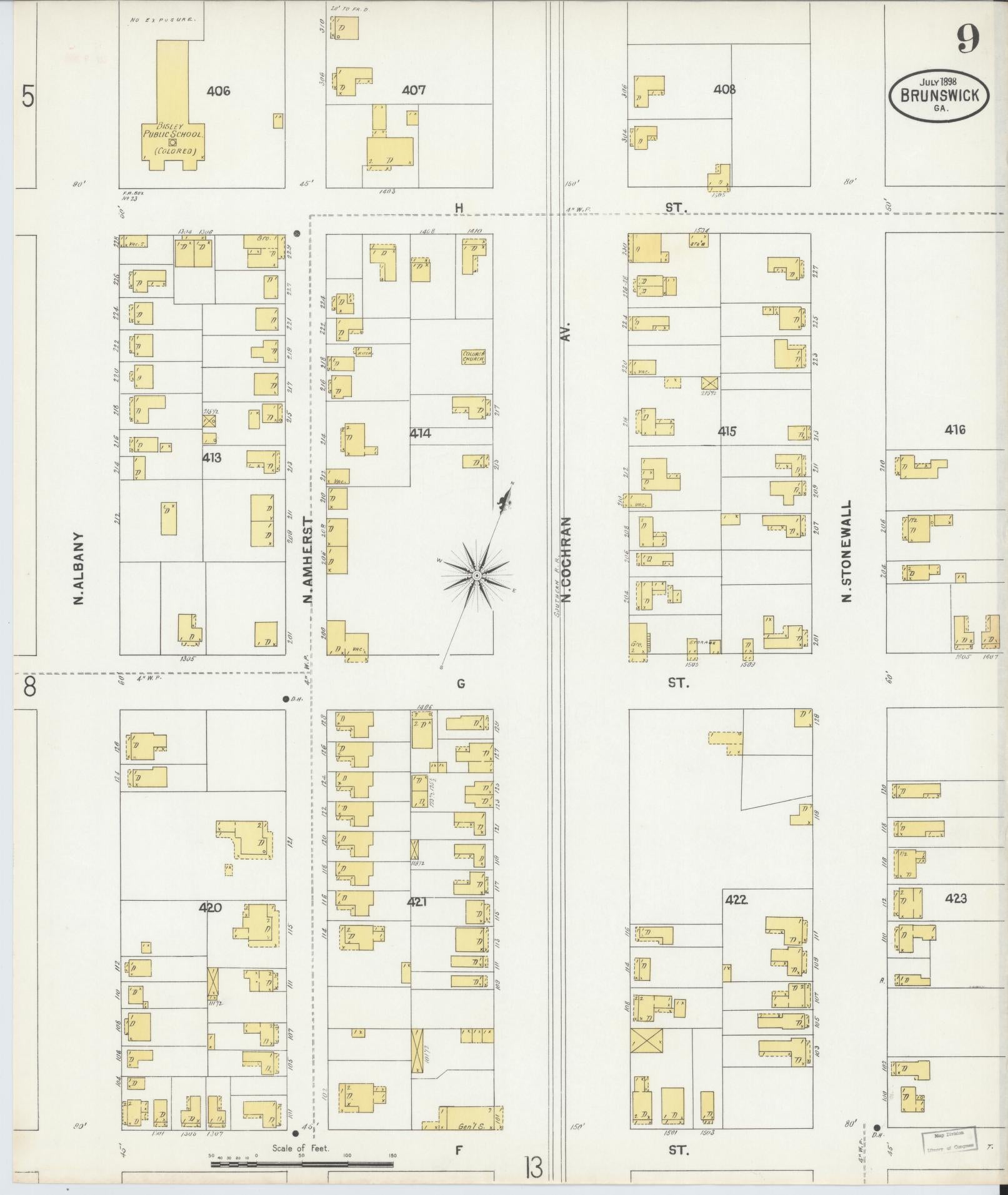 Sanborn Fire Insurance Map from Brunswick, Glynn County, Georgia (1898), Sheet #0009 - Historic Sanborn Fire Insurance Map Print, vintage old map wall art, antique decor, genealogy gift, Georgia Georgia map