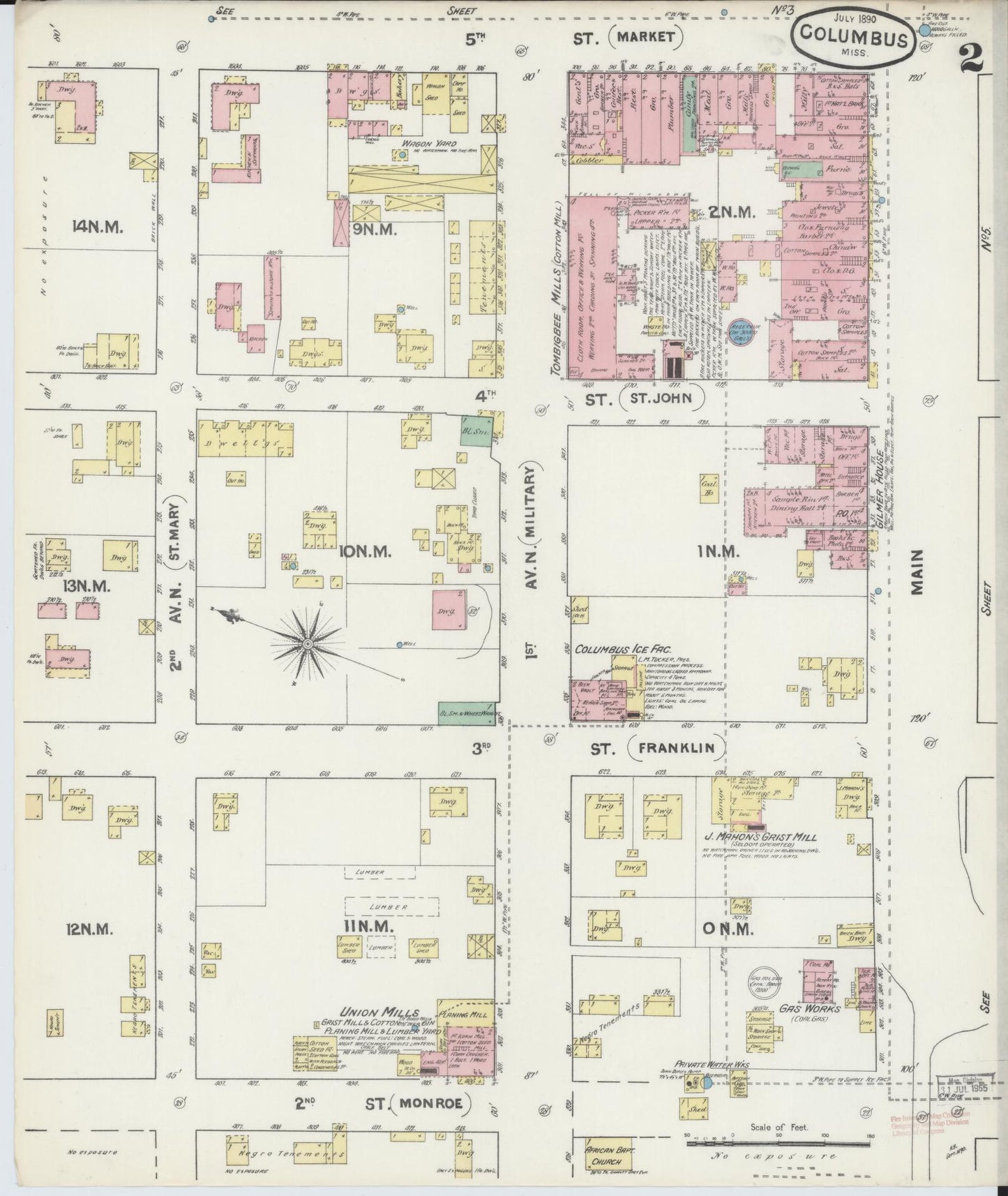 Sanborn Fire Insurance Map from Columbus, Lowndes County, Mississippi (1890), Sheet #0002 - Historic Sanborn Fire Insurance Map Print, vintage old map wall art, antique decor, genealogy gift, Mississippi Mississippi map