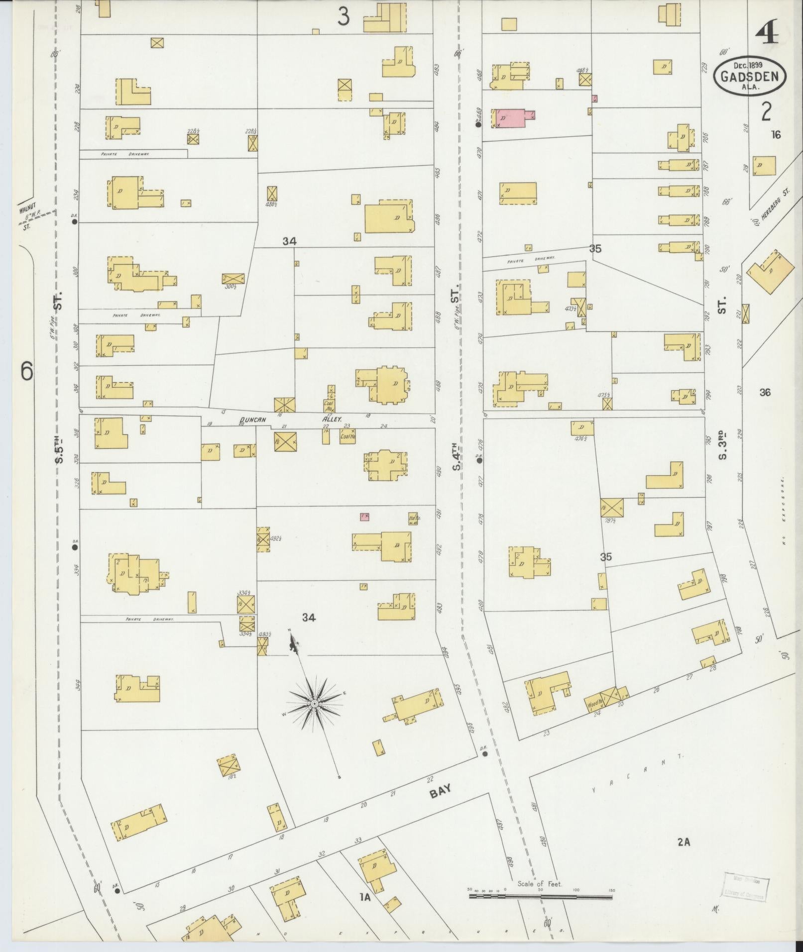 Sanborn Fire Insurance Map from Gadsden, Etowah County, Alabama (1899), Sheet #0004 - Historic Sanborn Fire Insurance Map Print, vintage old map wall art, antique decor, genealogy gift, Alabama Alabama map