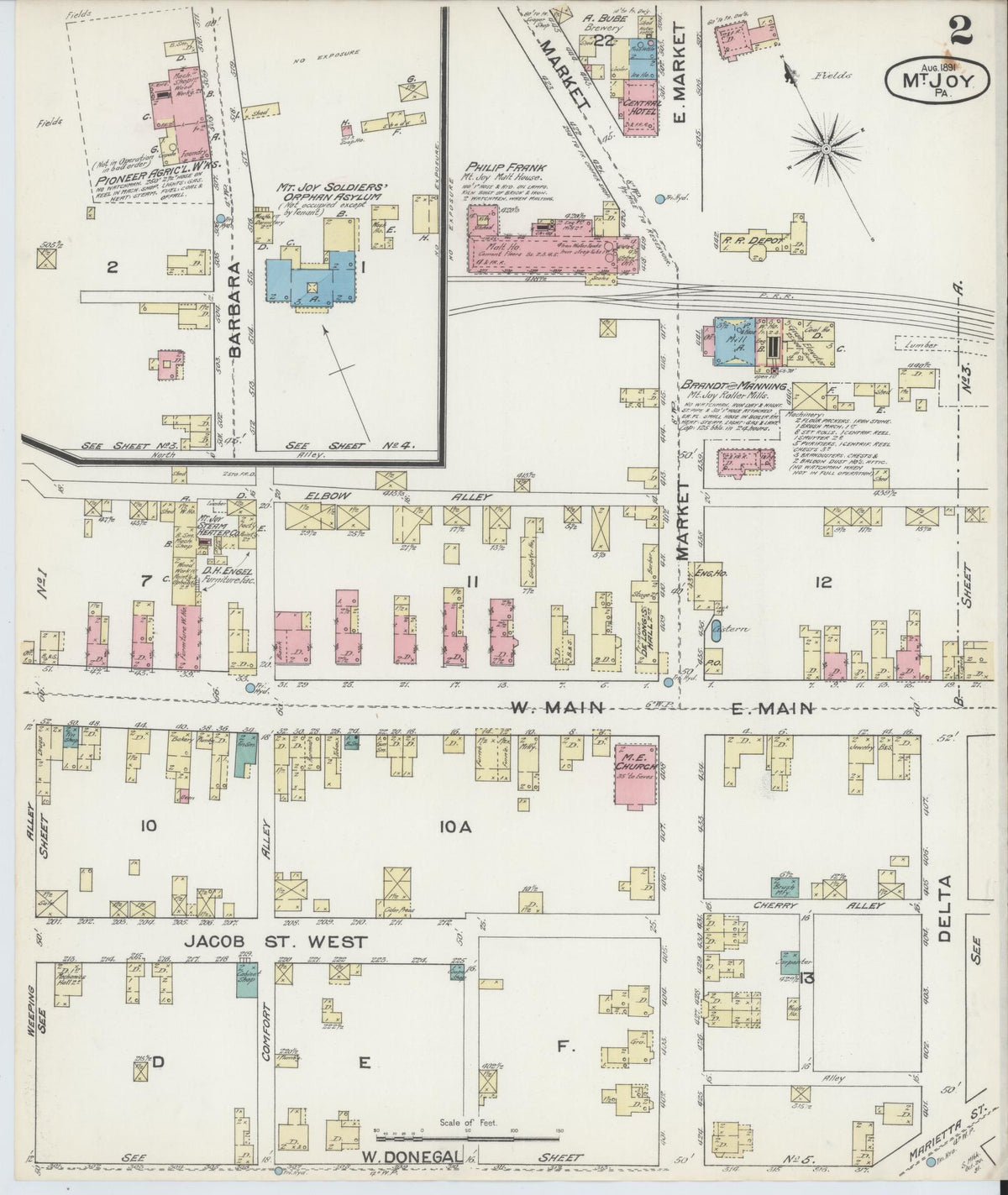 Sanborn Fire Insurance Map from Mount Joy, Lancaster County, Pennsylvania (1891), Sheet #0002 - Historic Sanborn Fire Insurance Map Print, vintage old map wall art, antique decor, genealogy gift, Pennsylvania Pennsylvania map