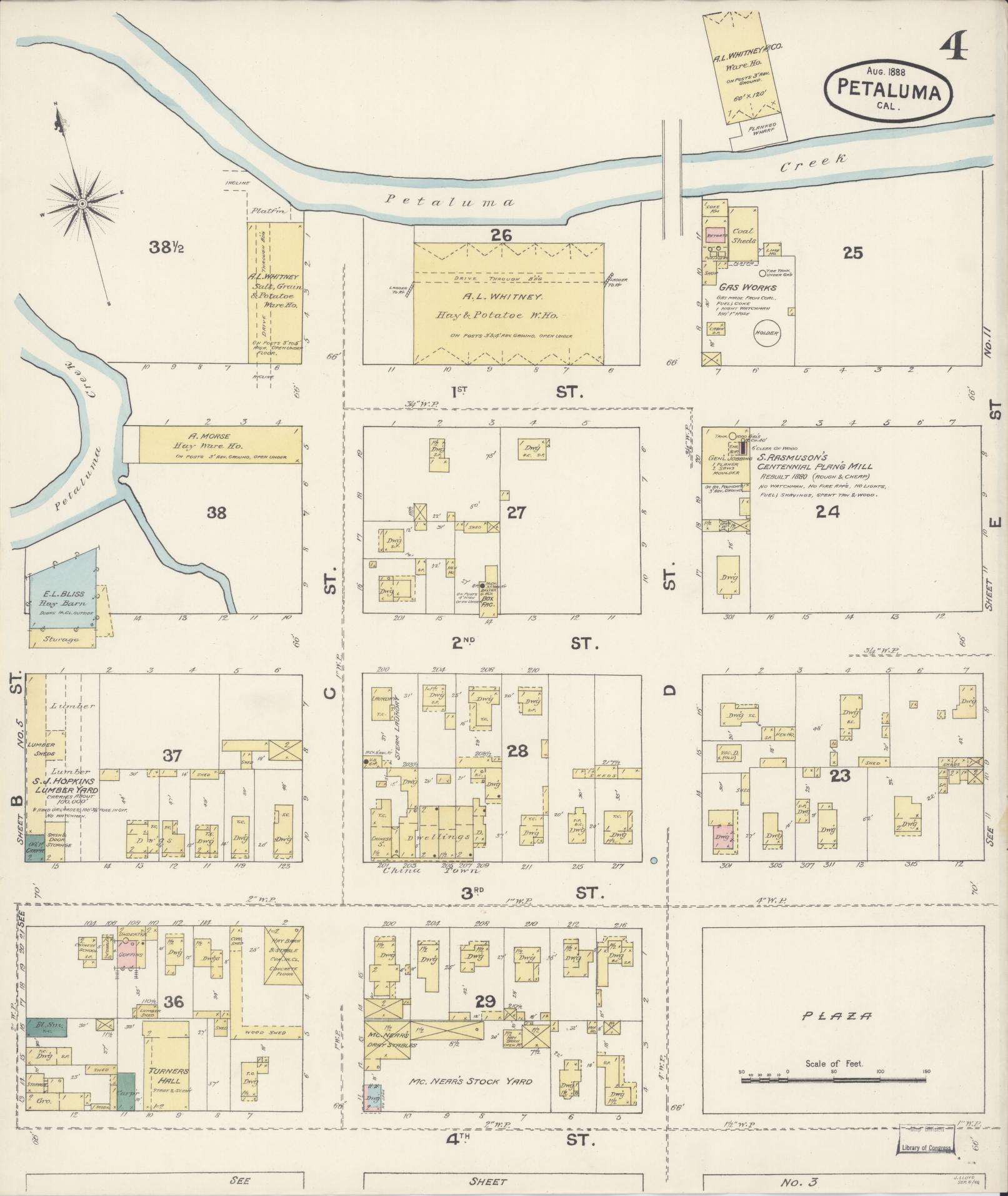 Sanborn Fire Insurance Map from Petaluma, Sonoma County, California (1888), Sheet #0004 - Complete Map Set gallery image, historic Sanborn map, vintage wall art, California California