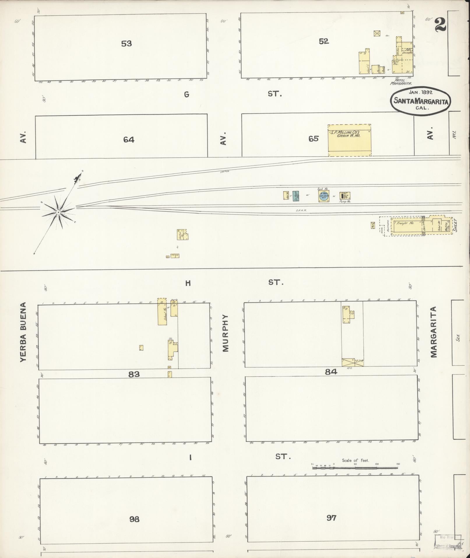 Sanborn Fire Insurance Map from Santa Margarita, San Luis Obispo County, California (1892), Sheet #0002 - Complete Map Set gallery image, historic Sanborn map, vintage wall art, California California