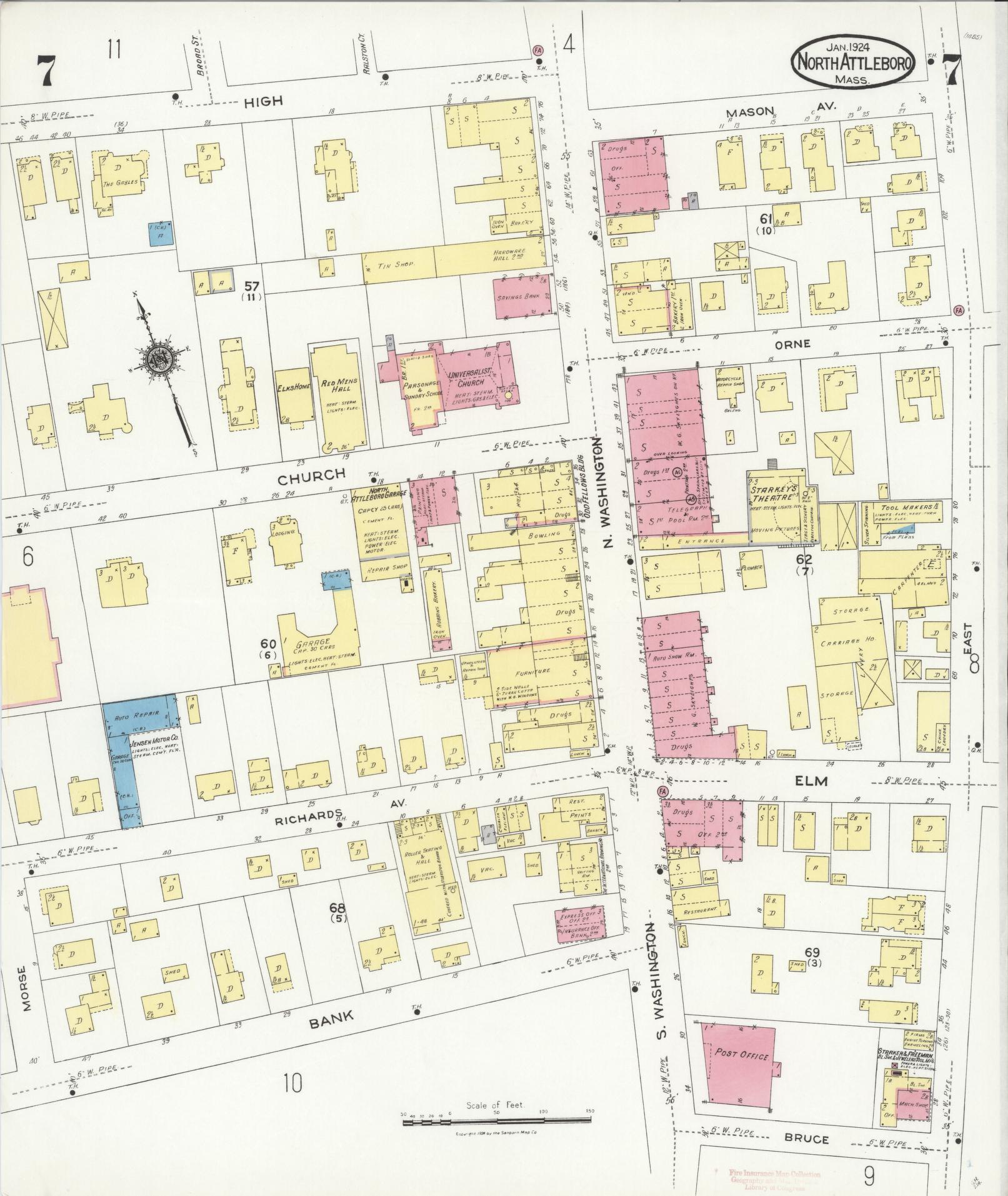 Sanborn Fire Insurance Map from North Attleborough, Bristol County, Massachusetts (1924), Sheet #0007 - Complete Map Set gallery image, historic Sanborn map, vintage wall art, Massachusetts Massachusetts
