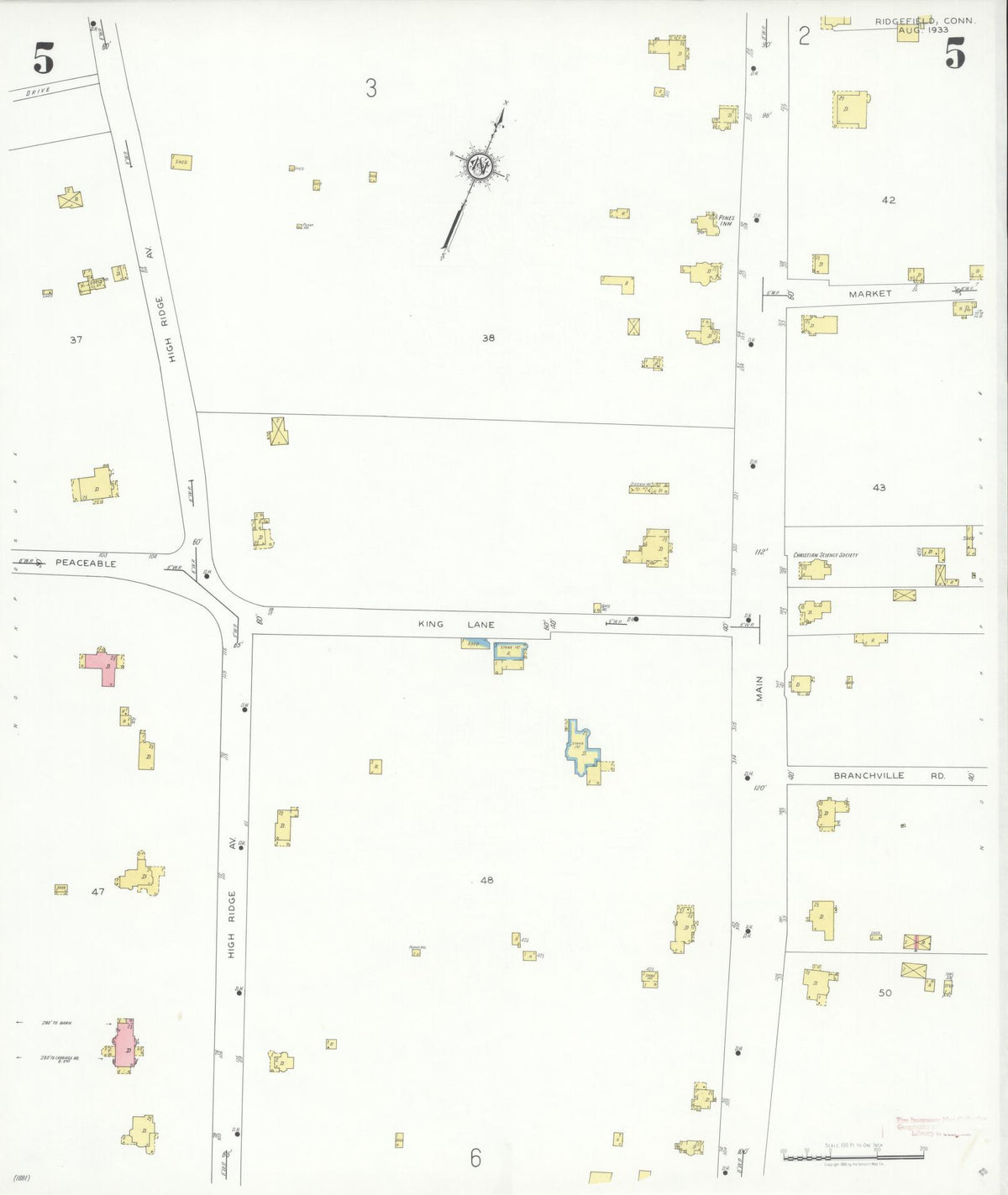 Sanborn Fire Insurance Map from Ridgefield, Fairfield County, Connecticut (1933), Sheet #0005 - Historic Sanborn Fire Insurance Map Print, vintage old map wall art, antique decor, genealogy gift, Connecticut Connecticut map