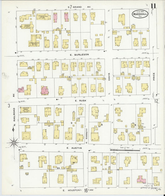 Sanborn Fire Insurance Map from Marshall, Harrison County, Texas (1909), Sheet #0011 - Historic Sanborn Fire Insurance Map Print, vintage old map wall art, antique decor, genealogy gift, Texas Texas map