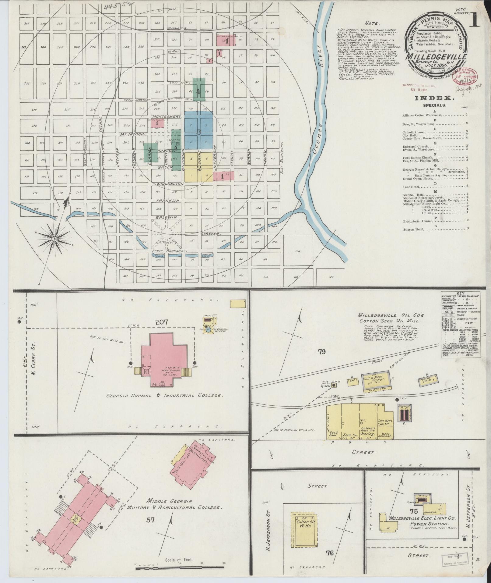Sanborn Fire Insurance Map from Milledgeville, Baldwin County, Georgia (1895), Sheet #0001 - Historic Sanborn Fire Insurance Map Print, vintage old map wall art, antique decor, genealogy gift, Georgia Georgia map