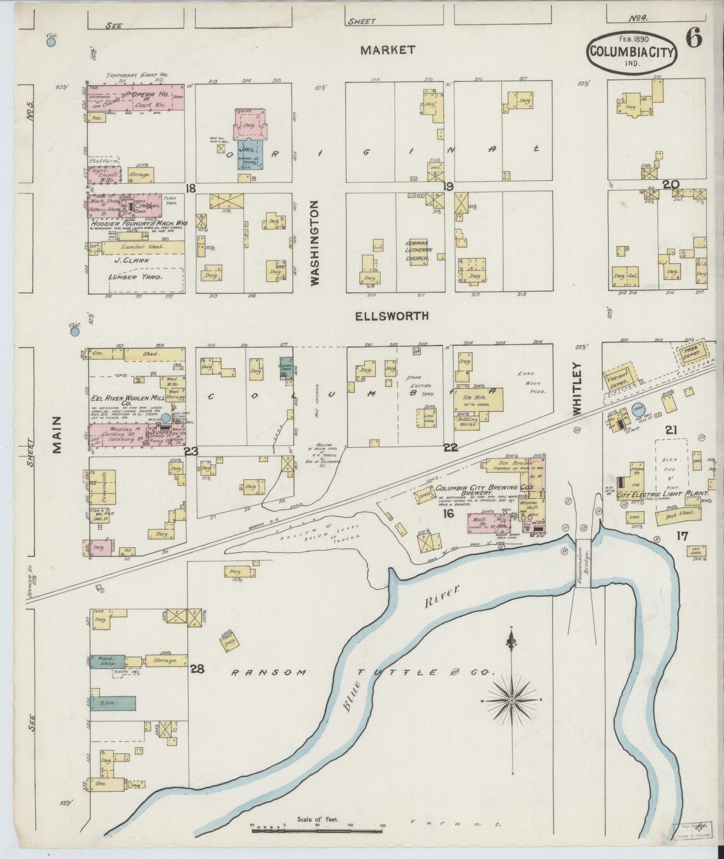Sanborn Fire Insurance Map from Columbia City, Whitley County, Indiana (1890), Sheet #0006 - Complete Map Set gallery image, historic Sanborn map, vintage wall art, Indiana Indiana