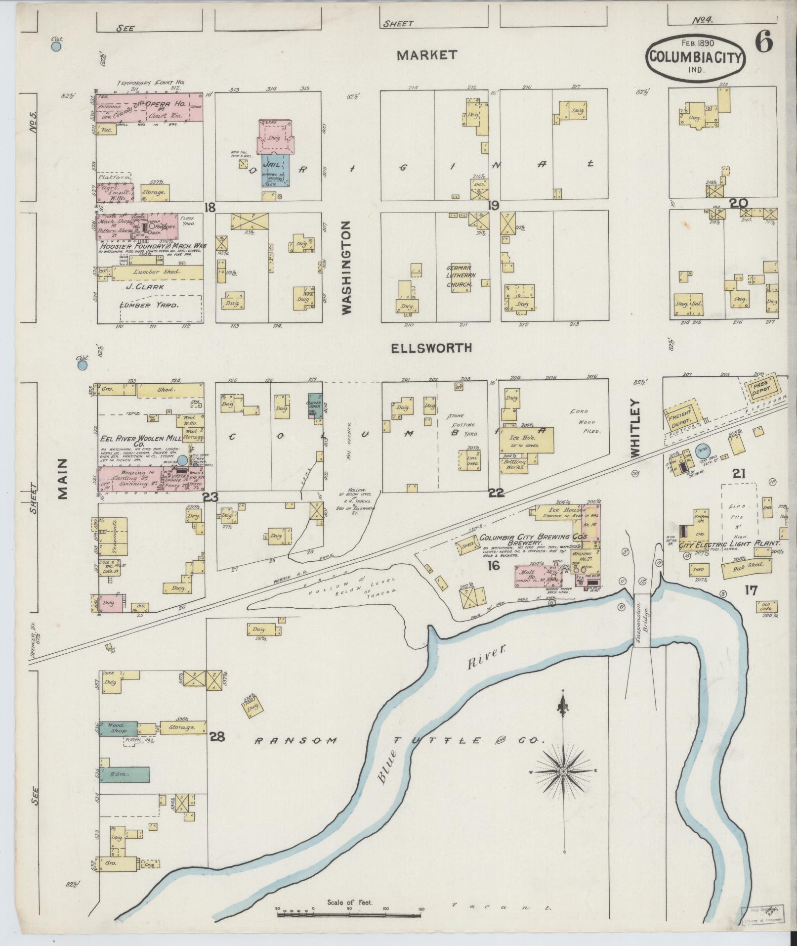 Sanborn Fire Insurance Map from Columbia City, Whitley County, Indiana (1890), Sheet #0006 - Complete Map Set gallery image, historic Sanborn map, vintage wall art, Indiana Indiana
