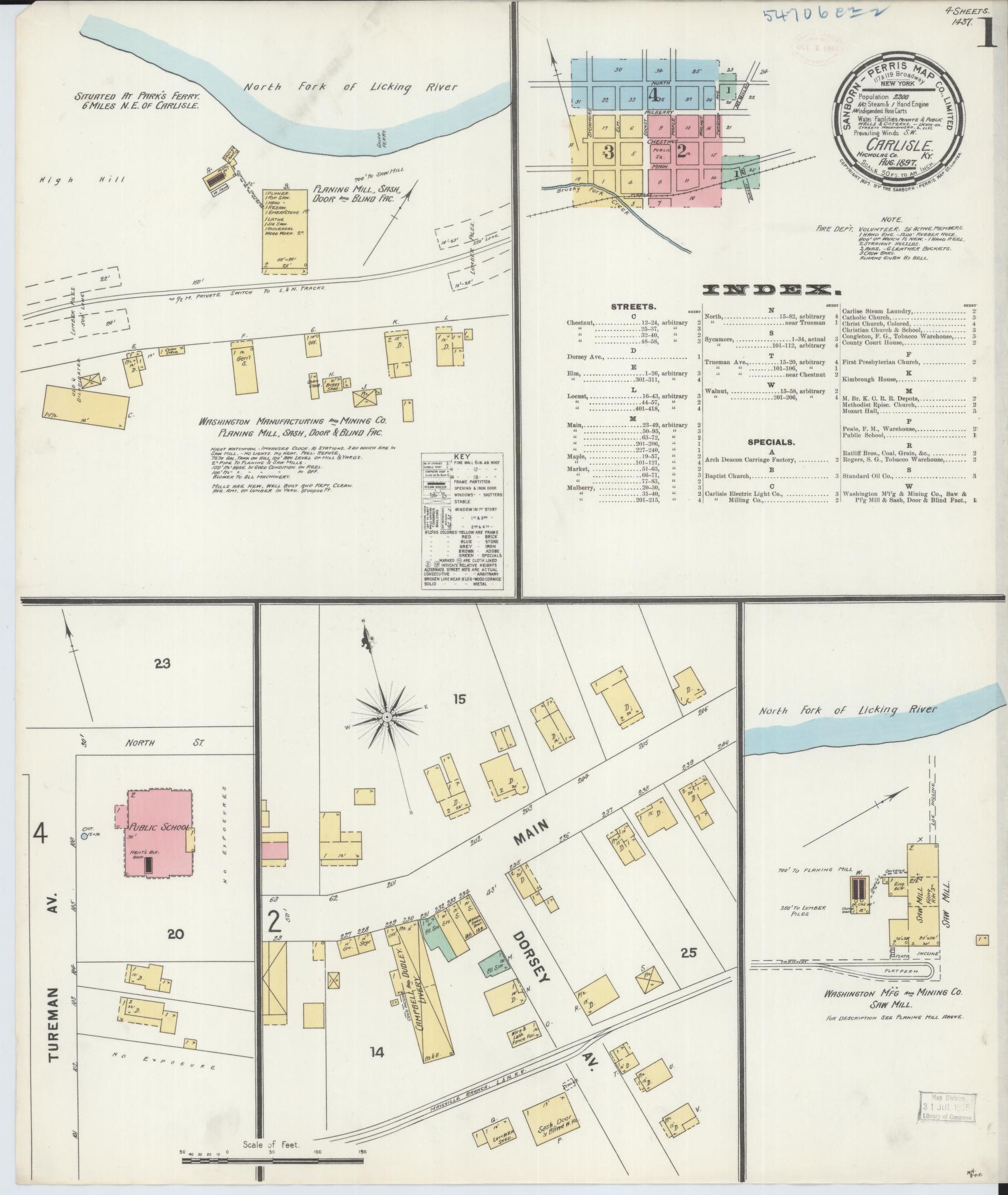 Sanborn Fire Insurance Map from Carlisle, Nicholas County, Kentucky (1897), Sheet #0001 - Historic Sanborn Fire Insurance Map Print, vintage old map wall art, antique decor, genealogy gift, Kentucky Kentucky map