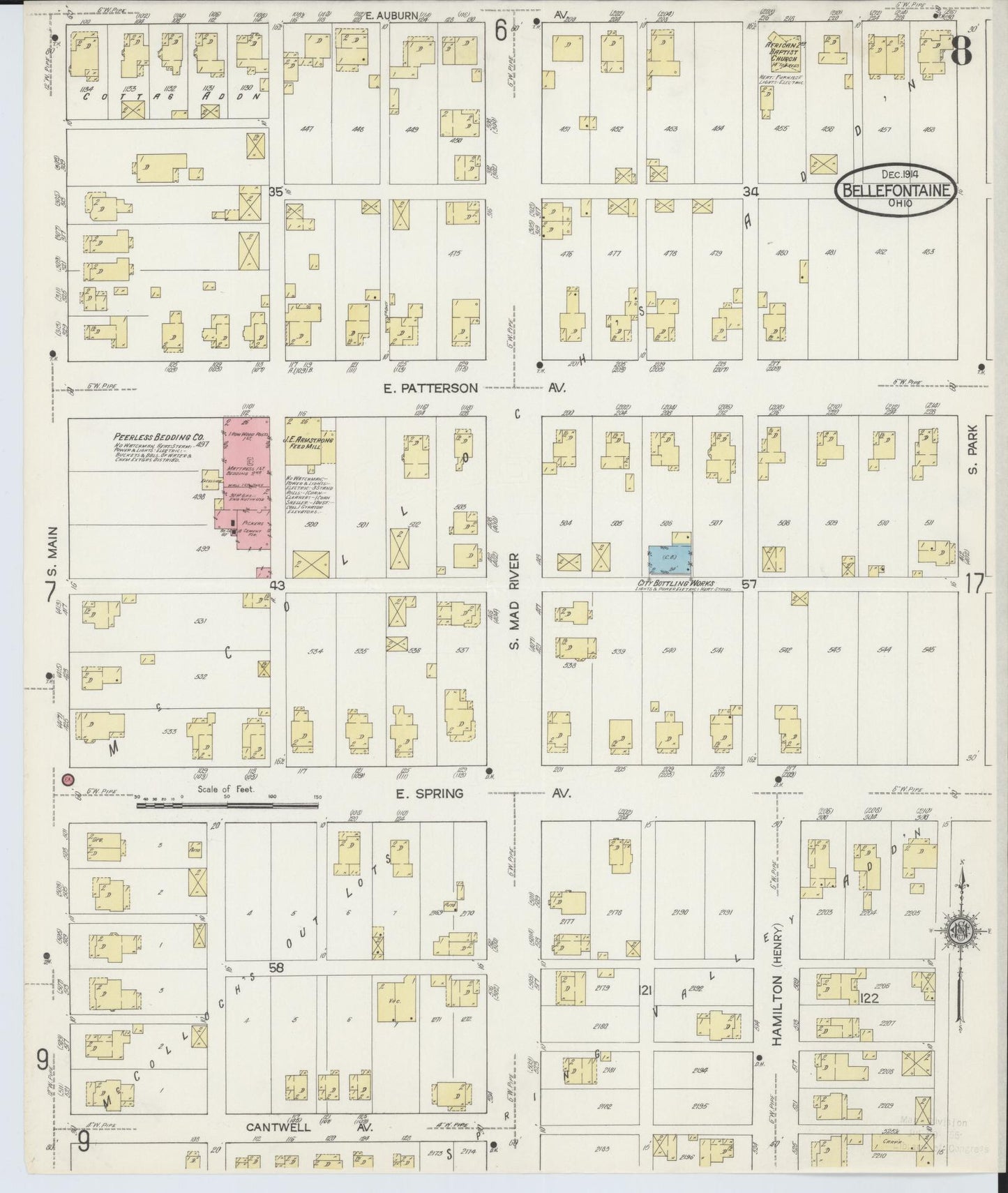 Sanborn Fire Insurance Map from Bellefontaine, Logan County, Ohio (1914), Sheet #0008 - Historic Sanborn Fire Insurance Map Print, vintage old map wall art, antique decor, genealogy gift, Ohio Ohio map