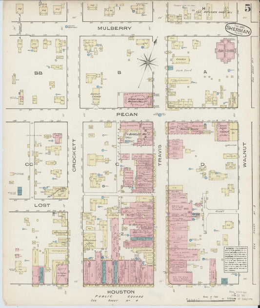 Sanborn Fire Insurance Map from Sherman, Grayson County, Texas (1885), Sheet #0005 - Historic Sanborn Fire Insurance Map Print, vintage old map wall art, antique decor, genealogy gift, Texas Texas map