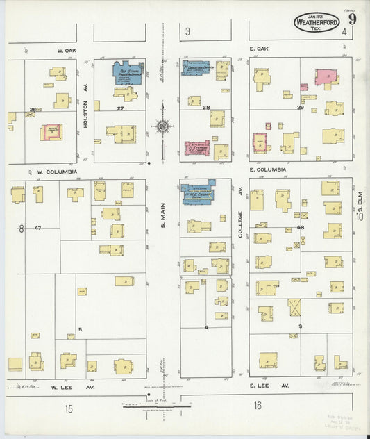 Sanborn Fire Insurance Map from Weatherford, Parker County, Texas (1921), Sheet #0009 - Historic Sanborn Fire Insurance Map Print, vintage old map wall art, antique decor, genealogy gift, Texas Texas map