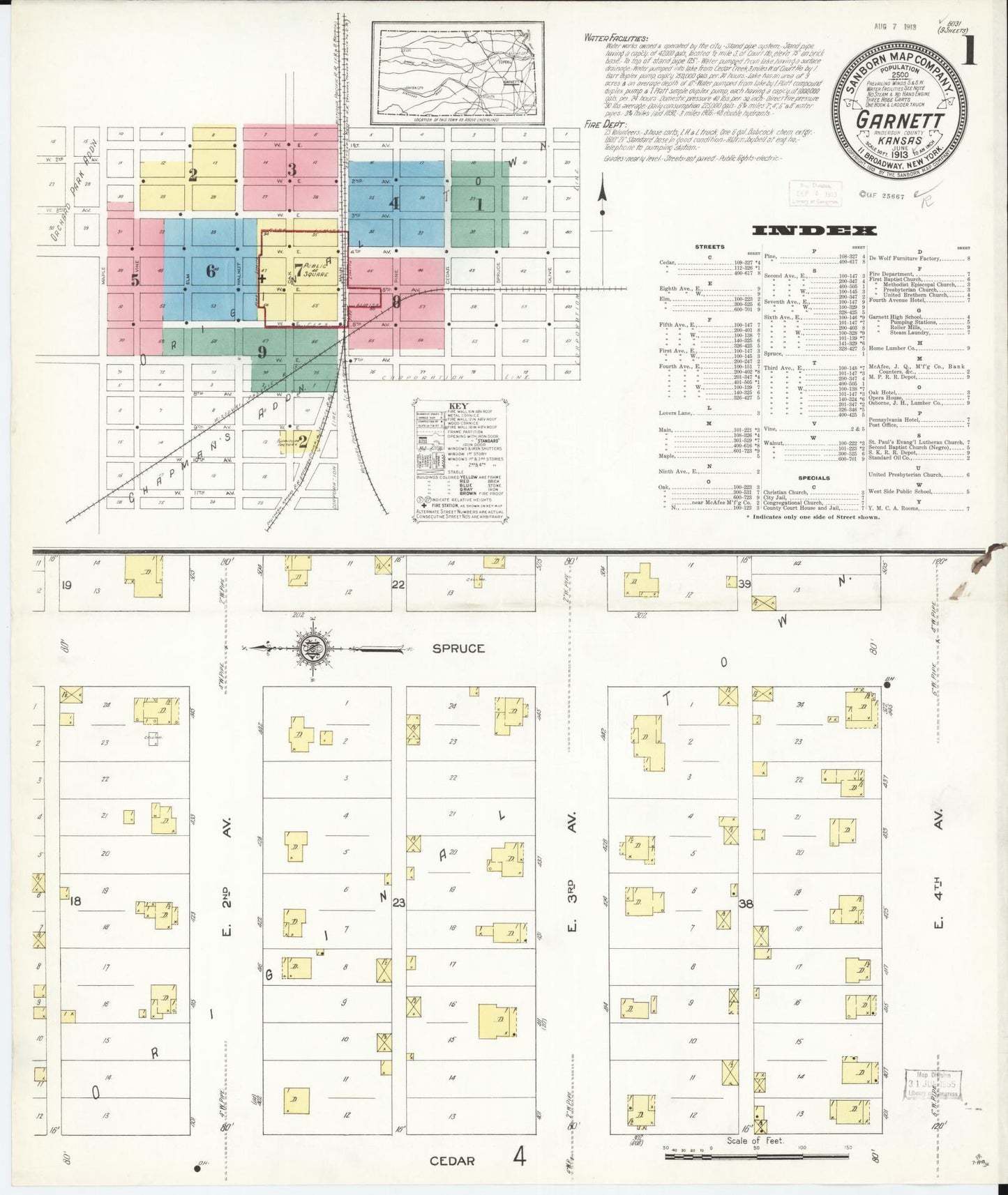 Sanborn Fire Insurance Map from Garnett, Anderson County, Kansas (1913), Sheet #0001 - Complete Map Set gallery image, historic Sanborn map, vintage wall art, Kansas Kansas