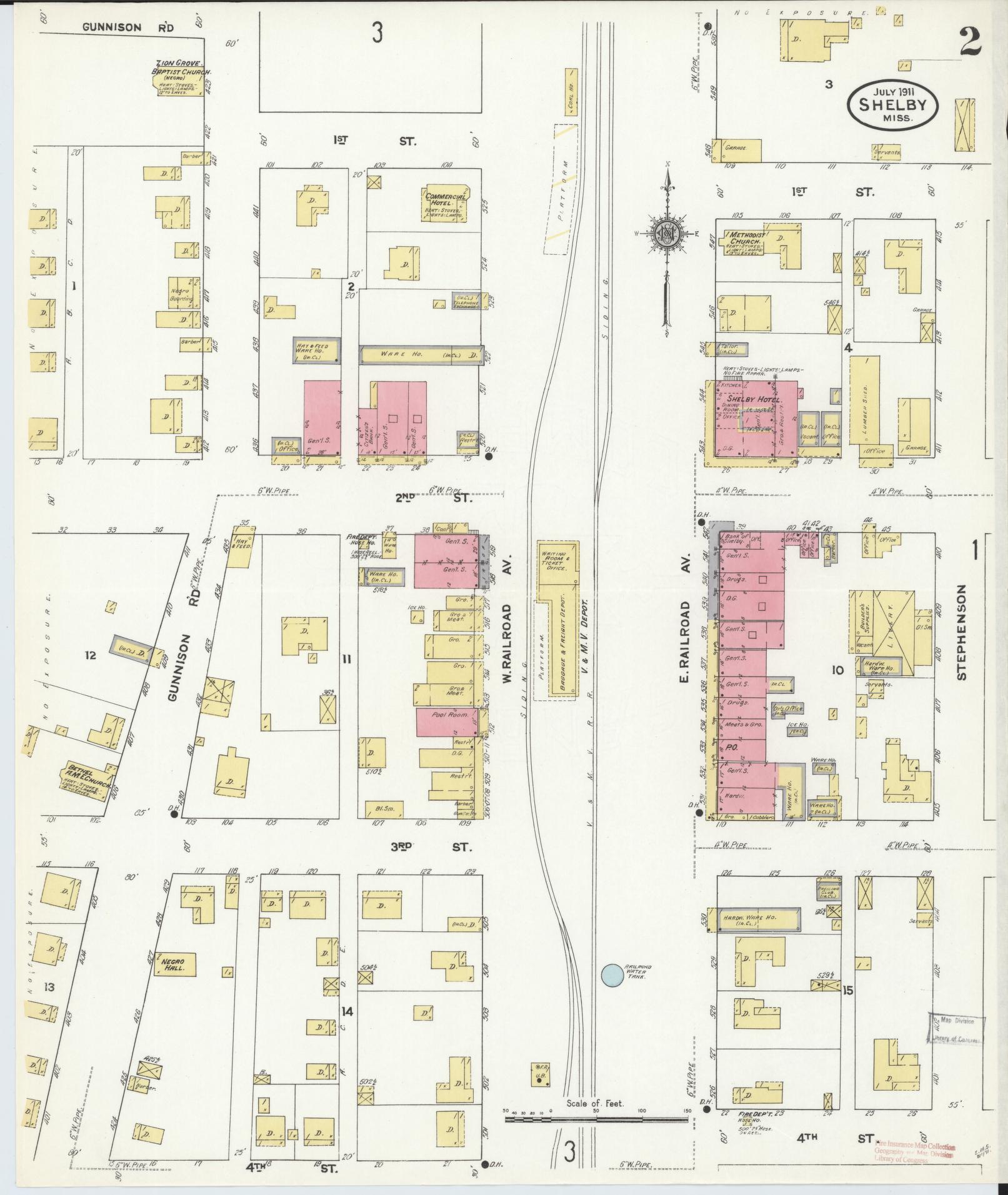 Sanborn Fire Insurance Map from Shelby, Bolivar County, Mississippi (1911), Sheet #0002 - Complete Map Set gallery image, historic Sanborn map, vintage wall art, Mississippi Mississippi