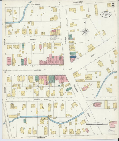 Sanborn Fire Insurance Map from Clinton, Lenawee County, Michigan (1907), Sheet #0002 - Historic Sanborn Fire Insurance Map Print, vintage old map wall art, antique decor, genealogy gift, Michigan Michigan map