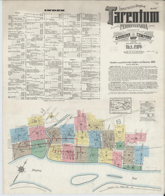 Sanborn Fire Insurance Map from Tarentum, Allegheny County, Pennsylvania (1914), Sheet #0001 - Historic Sanborn Fire Insurance Map Print, vintage old map wall art, antique decor, genealogy gift, Pennsylvania Pennsylvania map