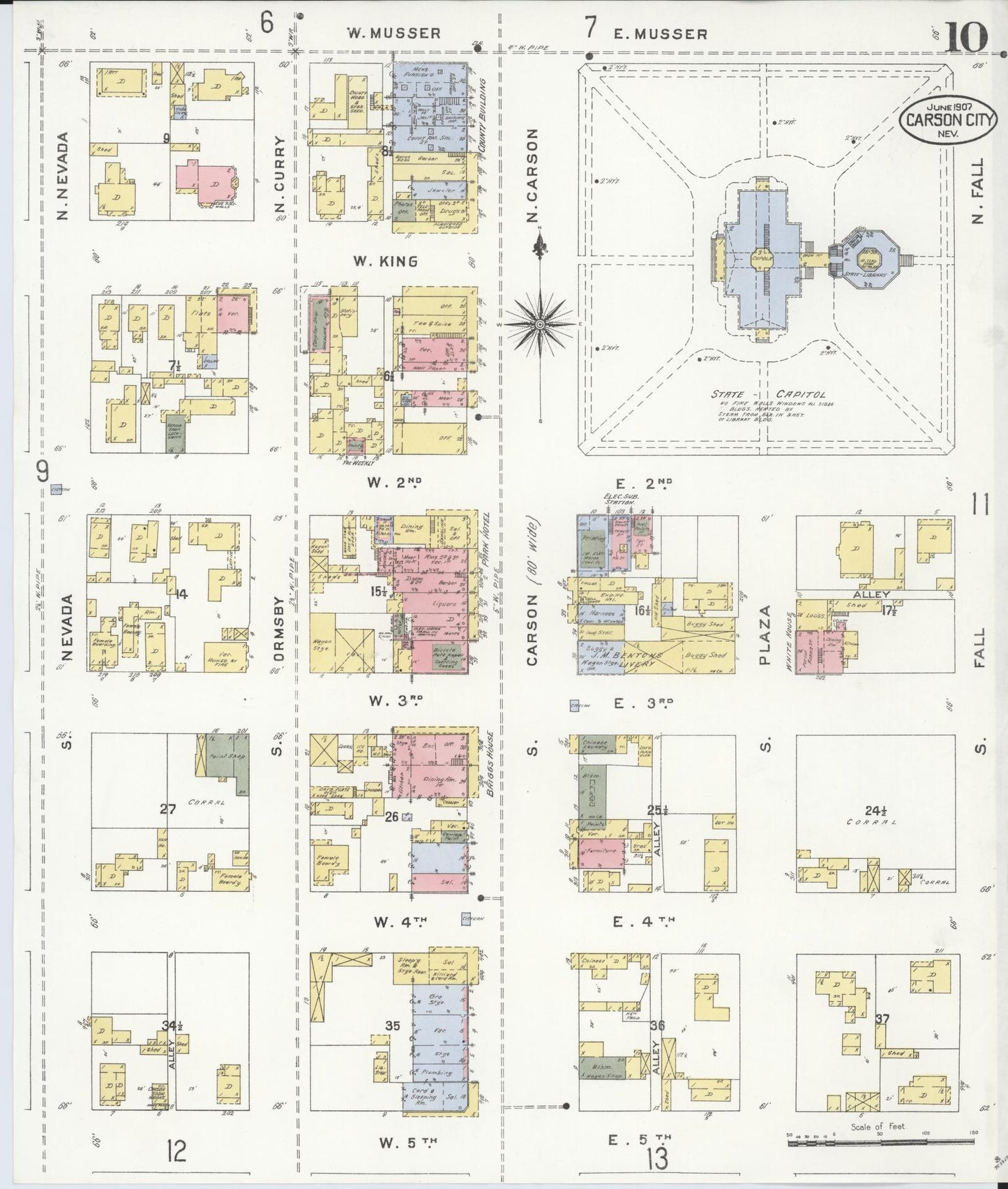 Sanborn Fire Insurance Map from Carson City, Carson City County, Nevada (1907), Sheet #0010 - Complete Map Set gallery image, historic Sanborn map, vintage wall art, Nevada Nevada