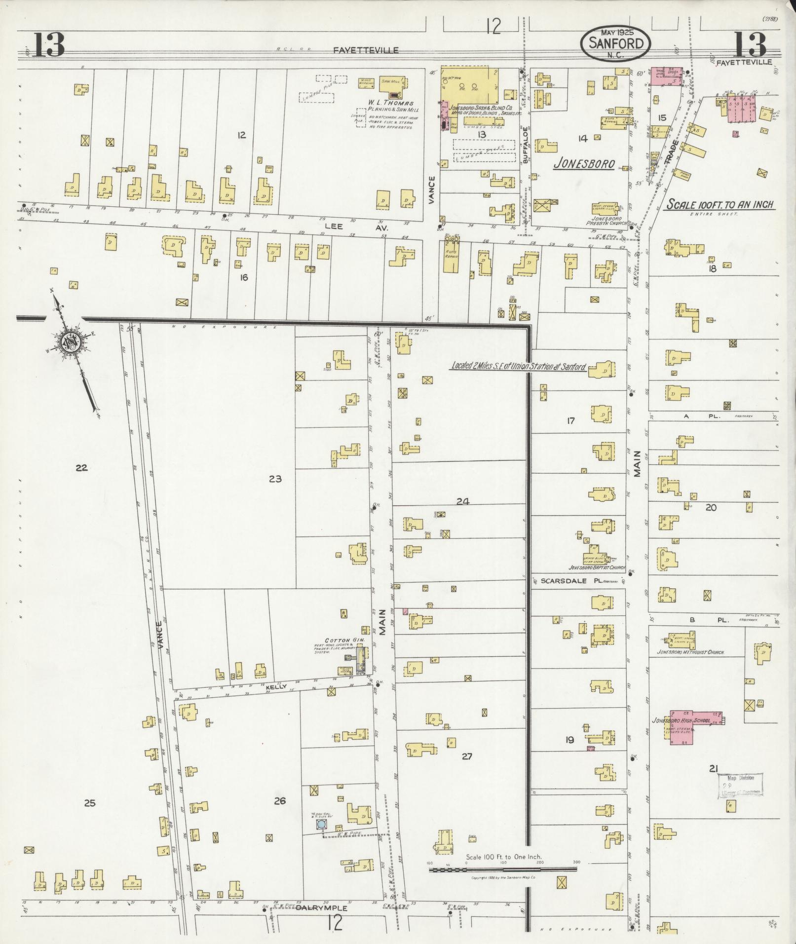 Sanborn Fire Insurance Map from Sanford, Lee County, North Carolina (1925), Sheet #0013 - Complete Map Set gallery image, historic Sanborn map, vintage wall art, North Carolina North Carolina