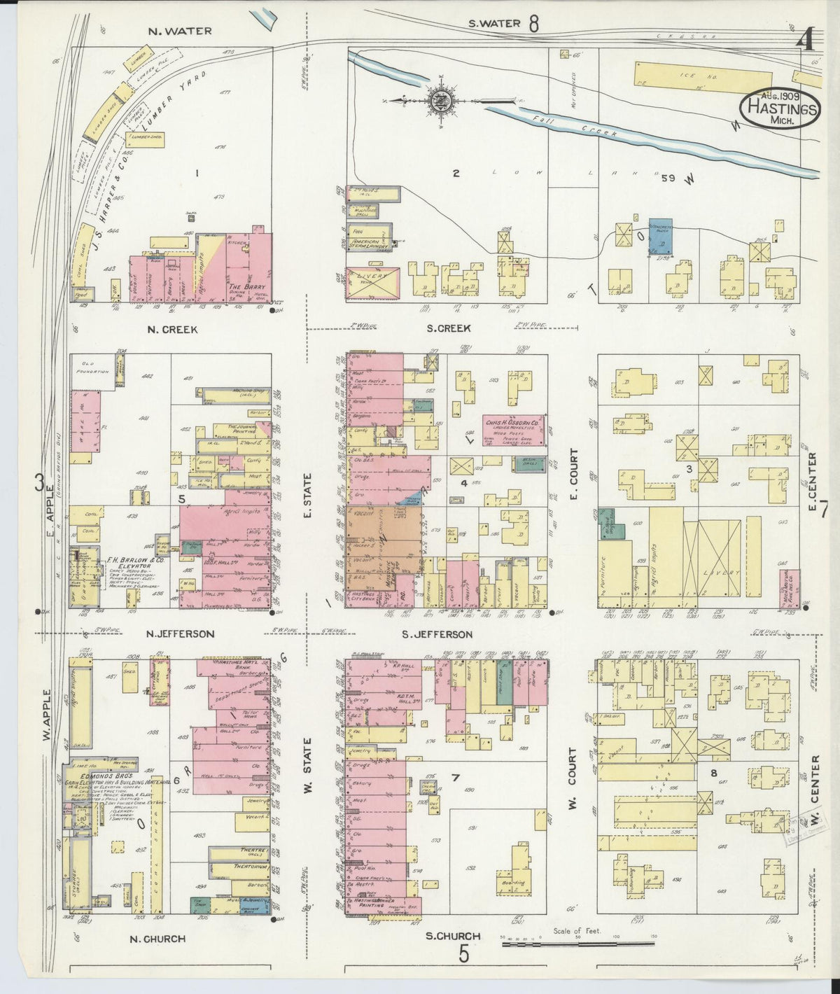 Sanborn Fire Insurance Map from Hastings, Barry County, Michigan (1909), Sheet #0004 - Historic Sanborn Fire Insurance Map Print, vintage old map wall art, antique decor, genealogy gift, Michigan Michigan map