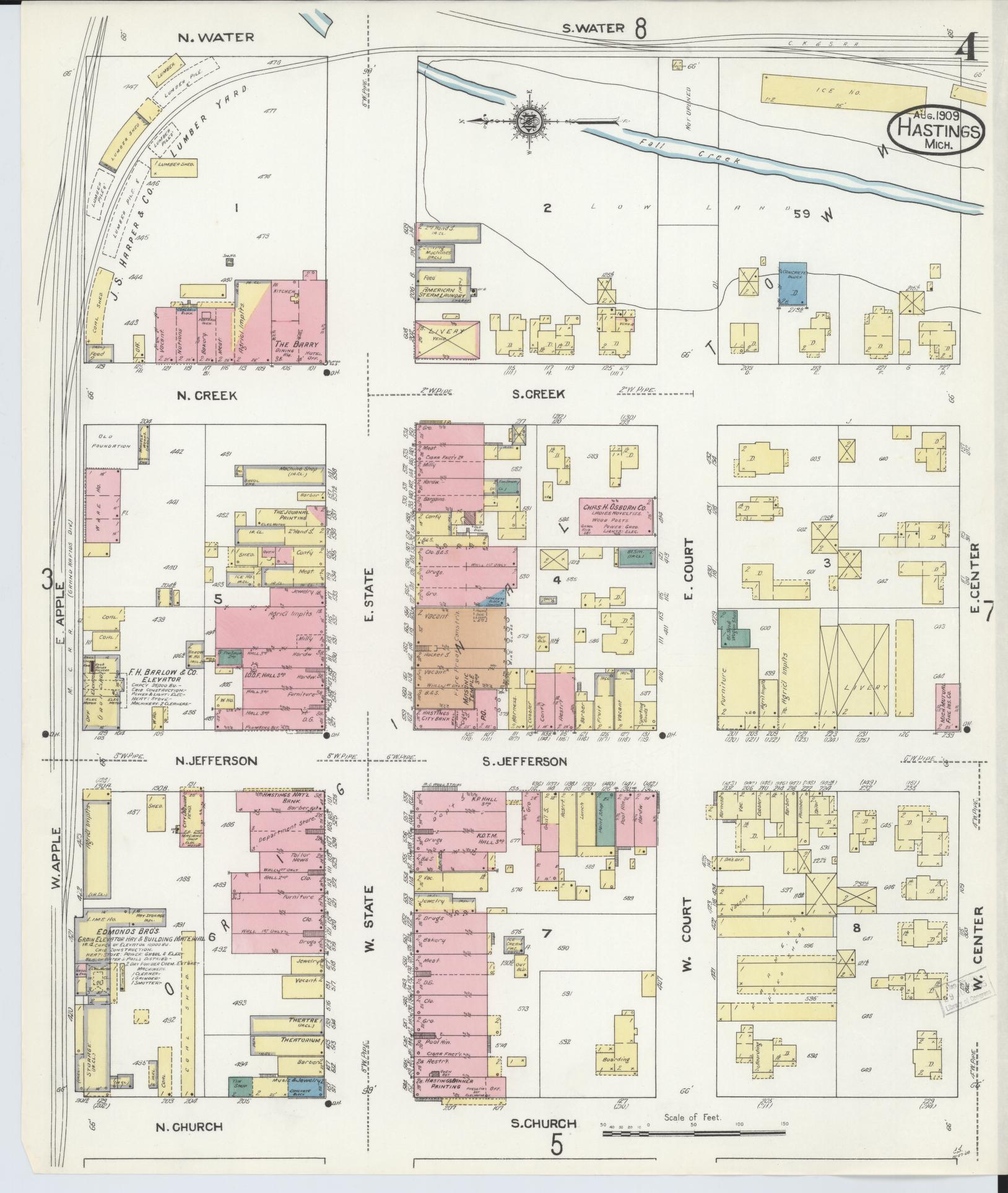 Sanborn Fire Insurance Map from Hastings, Barry County, Michigan (1909), Sheet #0004 - Historic Sanborn Fire Insurance Map Print, vintage old map wall art, antique decor, genealogy gift, Michigan Michigan map