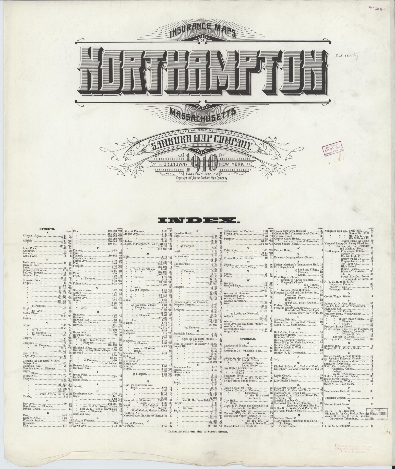 Sanborn Fire Insurance Map from Northampton, Hampshire County, Massachusetts. (1910) – Historic Sanborn Fire Insurance Map Print