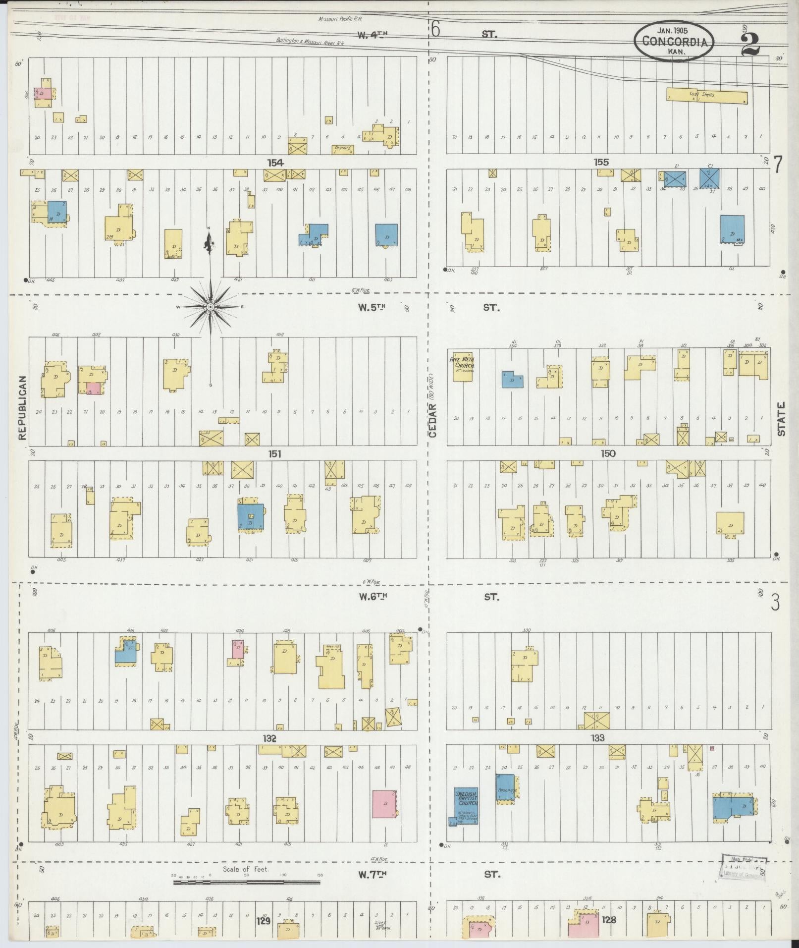 Sanborn Fire Insurance Map from Concordia, Cloud County, Kansas (1905), Sheet #0002 - Complete Map Set gallery image, historic Sanborn map, vintage wall art, Kansas Kansas