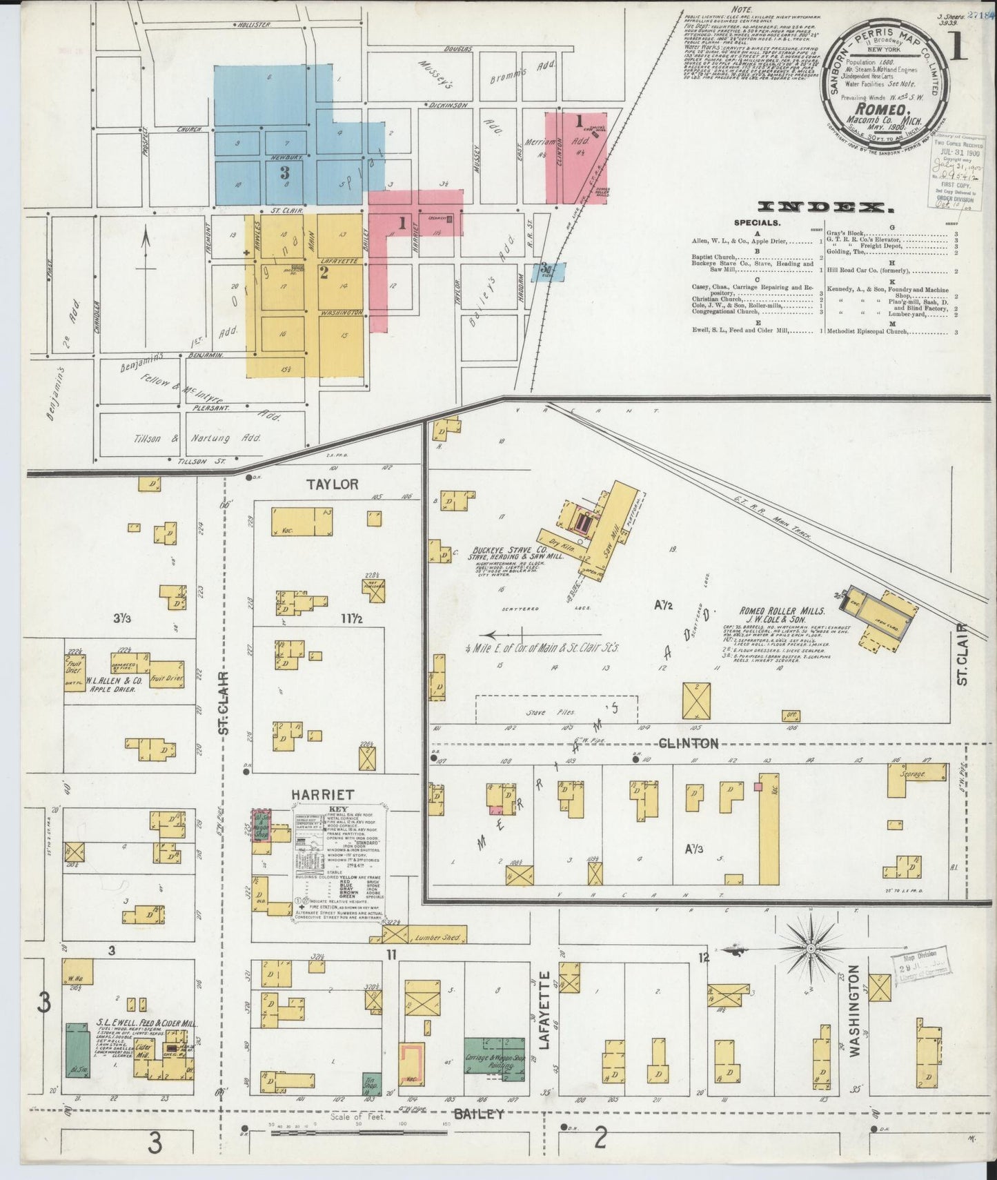 Sanborn Fire Insurance Map from Romeo, Macomb County, Michigan (1900), Sheet #0001 - Complete Map Set gallery image, historic Sanborn map, vintage wall art, Michigan Michigan