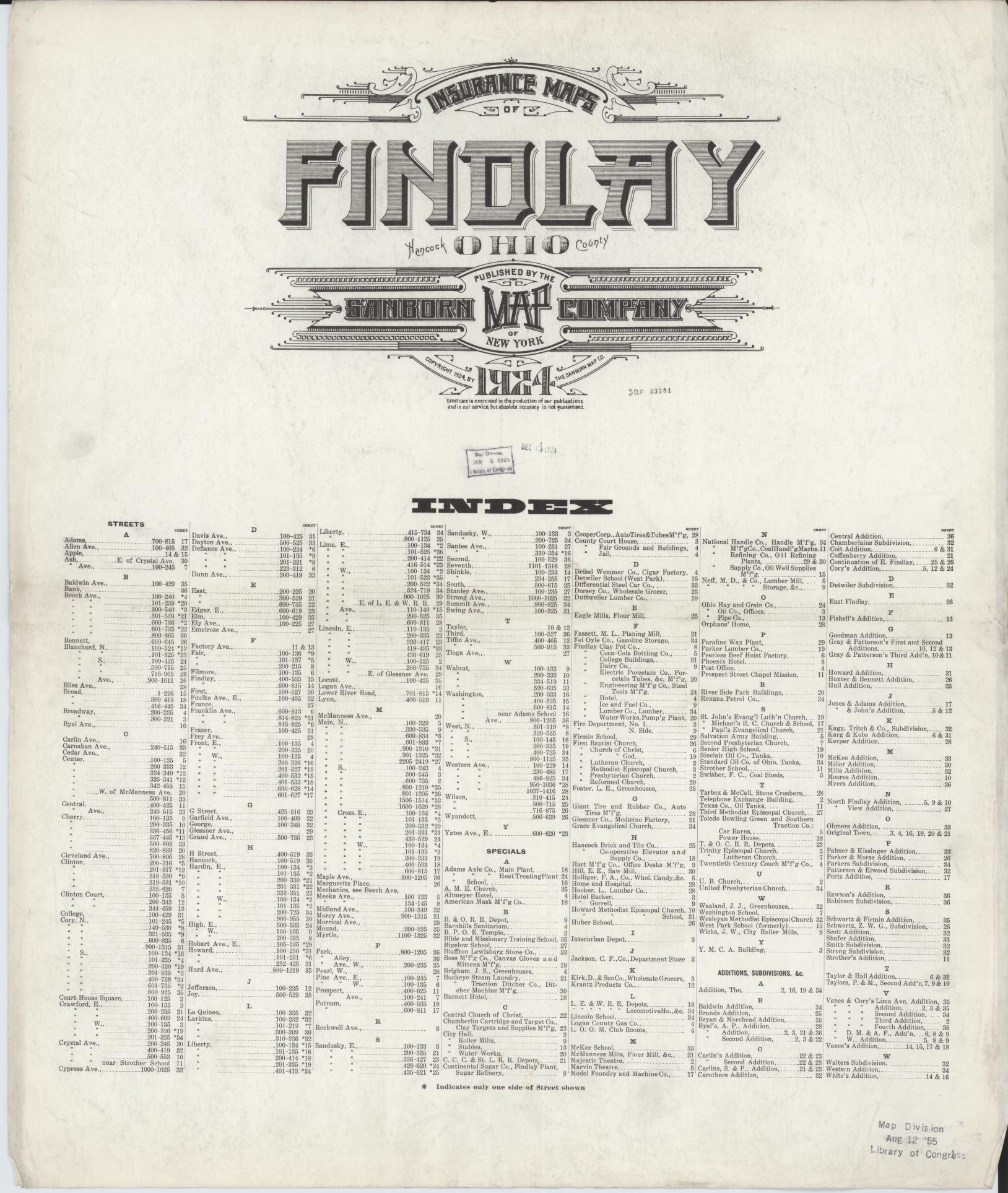Sanborn Fire Insurance Map from Findlay, Hancock County, Ohio (1924), Sheet #0001 - Historic Sanborn Fire Insurance Map Print, vintage old map wall art, antique decor, genealogy gift, Ohio Ohio map