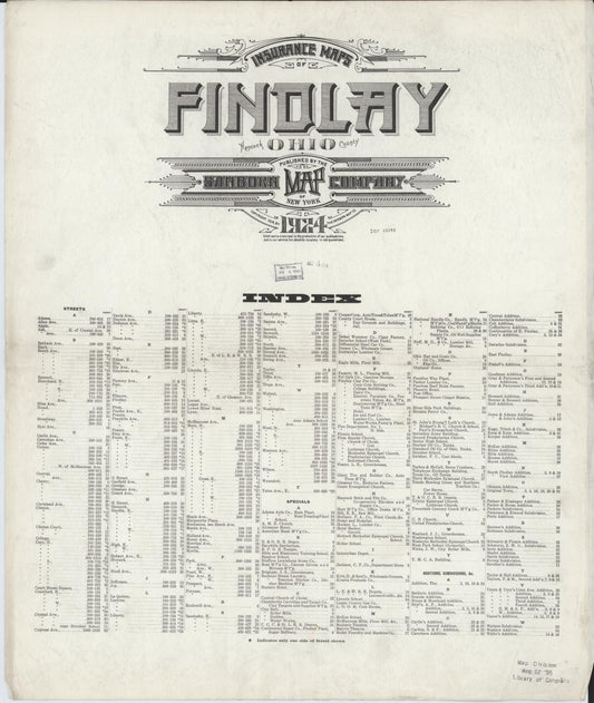 Sanborn Fire Insurance Map from Findlay, Hancock County, Ohio (1924), Sheet #0001 - Historic Sanborn Fire Insurance Map Print, vintage old map wall art, antique decor, genealogy gift, Ohio Ohio map