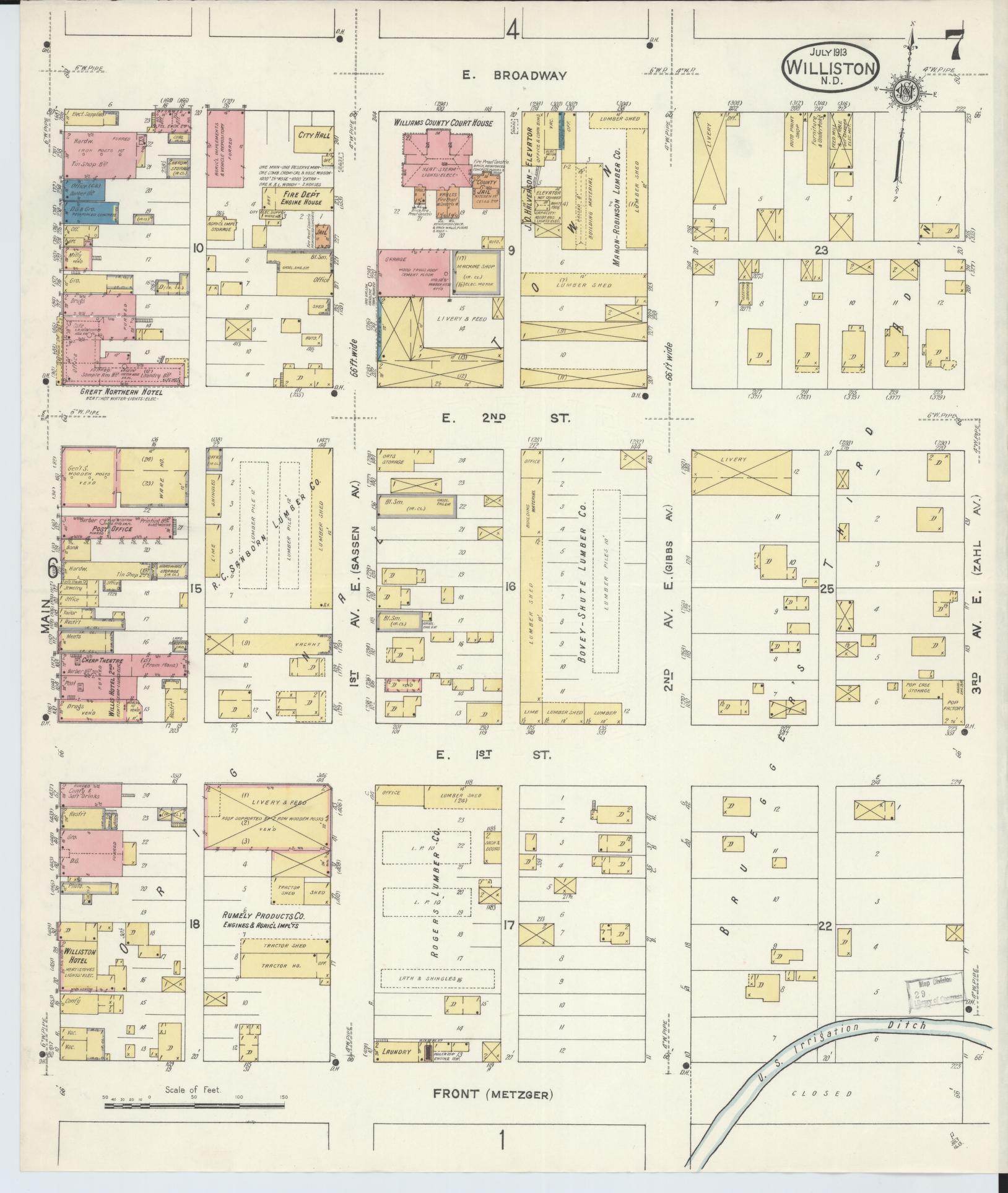 Sanborn Fire Insurance Map from Williston, Williams County, North Dakota (1913), Sheet #0007 - Complete Map Set gallery image, historic Sanborn map, vintage wall art, North Dakota North Dakota